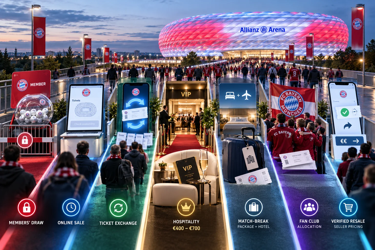 An infographic set on an entrance bridge leading to the illuminated Allianz Arena. It illustrates seven ticket access pathways with color-coded lanes: Members' Draw, Online Sale, Ticket Exchange, VIP Hospitality (€400–€700), Match-Break Package + Hotel, Fan Club Allocation, and Verified Resale.
