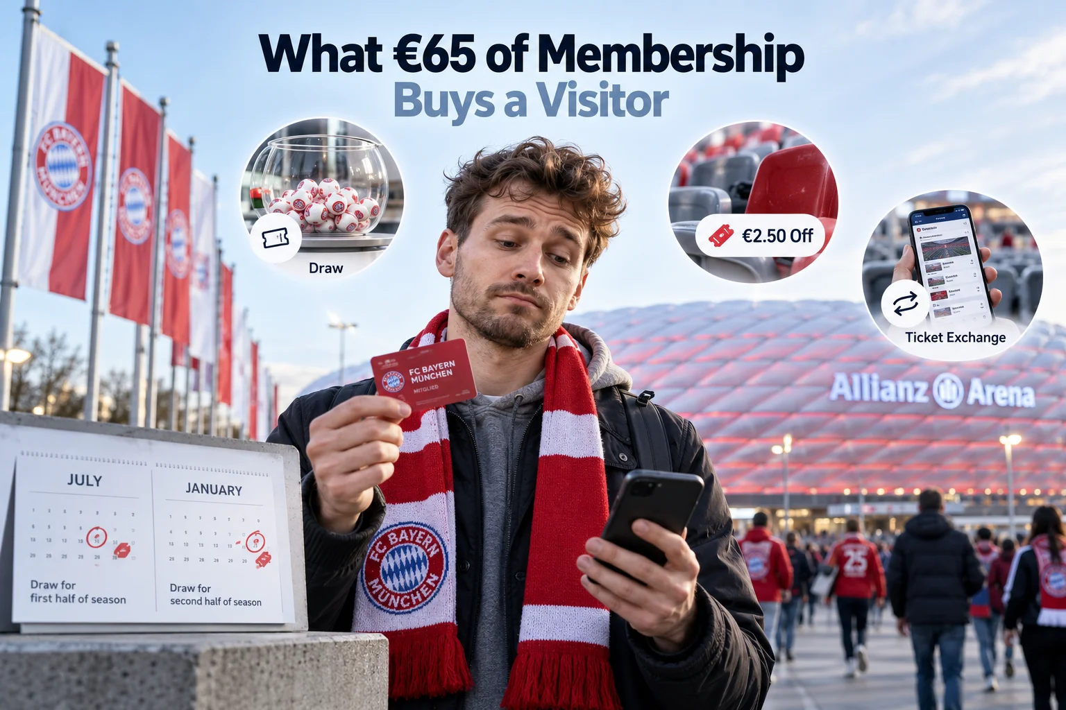 A fan wearing an FC Bayern scarf outside the Allianz Arena holding a red membership card while looking thoughtfully at his phone. The image displays an infographic asking "What €65 of Membership Buys a Visitor," with graphic overlays showing a ticket draw ballot bowl, a €2.50 discount icon, an official ticket exchange screen, and a calendar highlighting season draw months.
