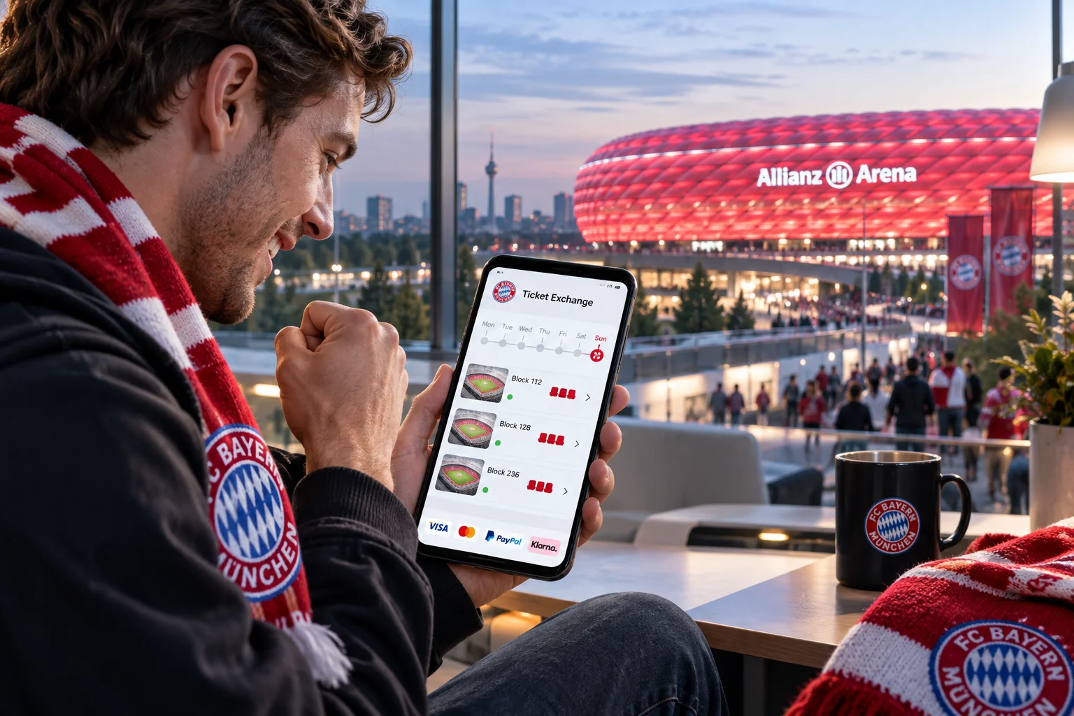 A smiling FC Bayern fan holding a smartphone displaying available stadium seat blocks on a Ticket Exchange app with the illuminated Allianz Arena in the background at dusk.