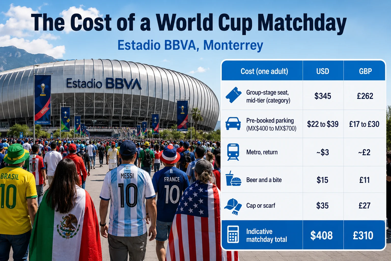 رسم بياني بعنوان "تكلفة يوم مباراة كأس العالم" لاستاد BBVA في مونتيري. يُصور الجانب الأيسر حشوداً كبيرة من مشجعين كرة القدم وهم يتجهون نحو واجهة الملعب المنحنية، المصنوعة من المعدن، بأفق الجبال البعيد. يحتوي الجانب الأيمن على جدول تكلفة لشخص بالغ بالدولار الأمريكي والجنيه الإسترليني: مقعد في مرحلة المجموعات ($345 / £262)؛ موقف سيارات محجوز مسبقاً ($22 إلى $39 / £17 إلى £30)؛ العودة بالقطار (~$3 / ~£2)؛ بيرة ووجبة ($15 / £11)؛ قبعة أو شال ($35 / £27). تعرض الصف السفلي إجمالي يوم مباراة تقديري بـ 408 دولارات أو 310 جنيهات إسترلينية.
