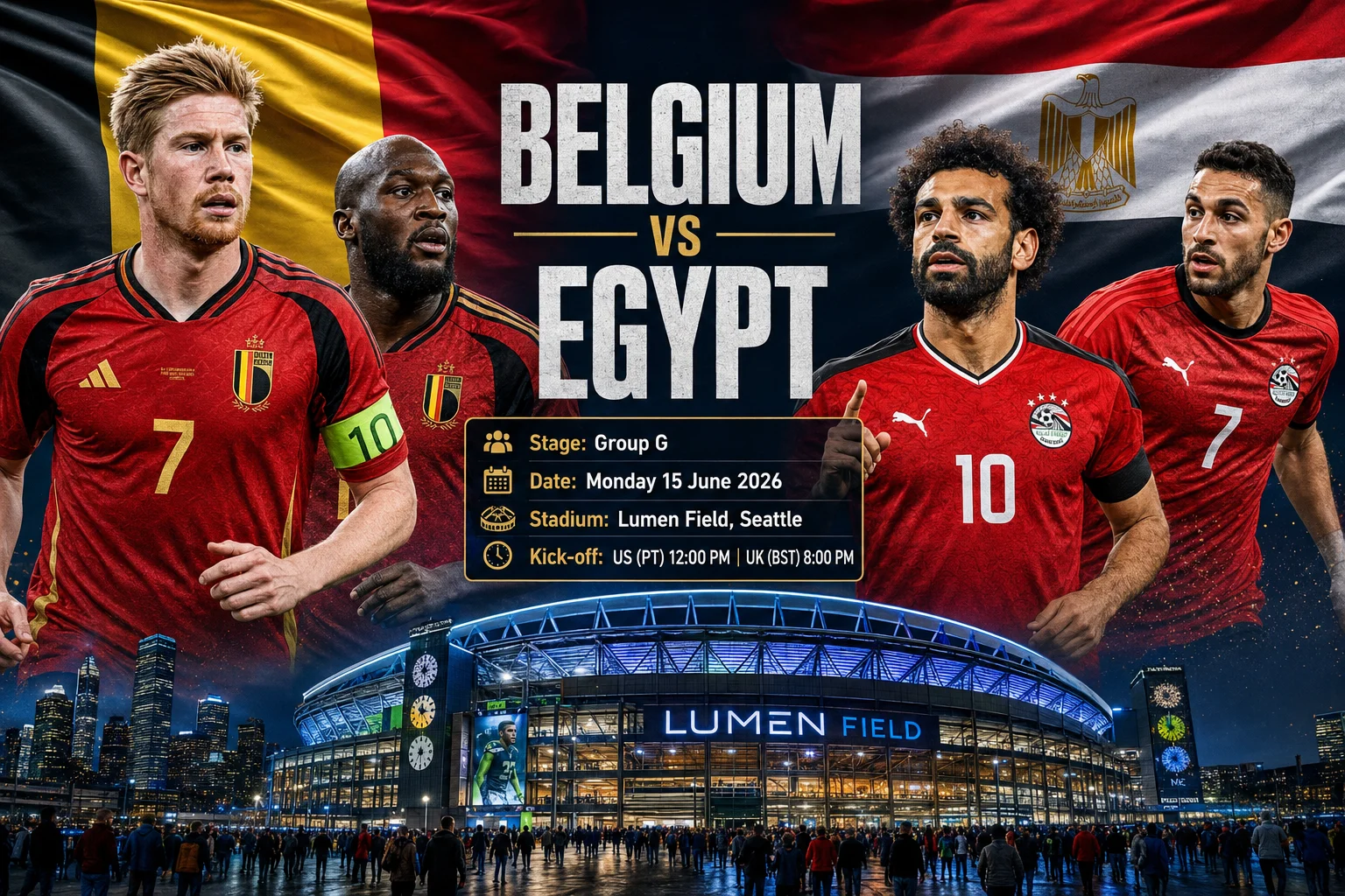 لافتة إعلان مباراة لكأس العالم 2026 لمرحلة المجموعات تُظهر "بلجيكا ضد مصر." الجانب الأيسر يعرض لاعبًا بلجيكيًا في ملابس حمراء داكنة مقابل خلفية بنفسجية عميقة مع شعار الاتحاد البلجيكي لكرة القدم. الجانب الأيمن يعرض لاعباً مصريًا يرتدي ملابس حمراء وبيضاء مقابل خلفية سوداء وحمراء مع شعار الاتحاد المصري لكرة القدم. كأس العالم الذهبية تفصل بين اللاعبين، وتفاصيل مواعيد المباراة في الأسفل تقرأ: "20 يونيو | ميامي، فلوريدا."