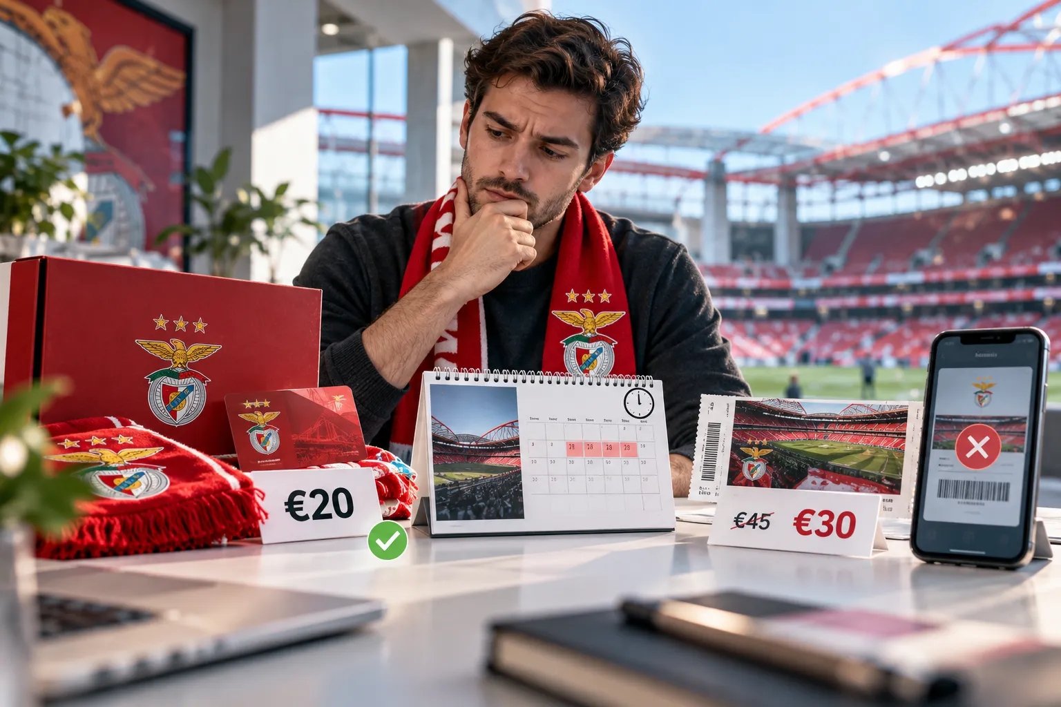 مشجع تفكيري جالس على مكتب محاط بمنتجات SL Benfica، خيارات التسعير، تذاكر المباريات، وتواريخ التقويم.
