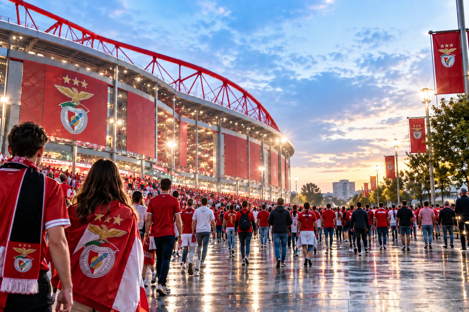 حشد من المشجعين يرتدي ملابس SL Benfica الحمراء يتوجه نحو إستاد دا لوز المضيء عند غروب الشمس.