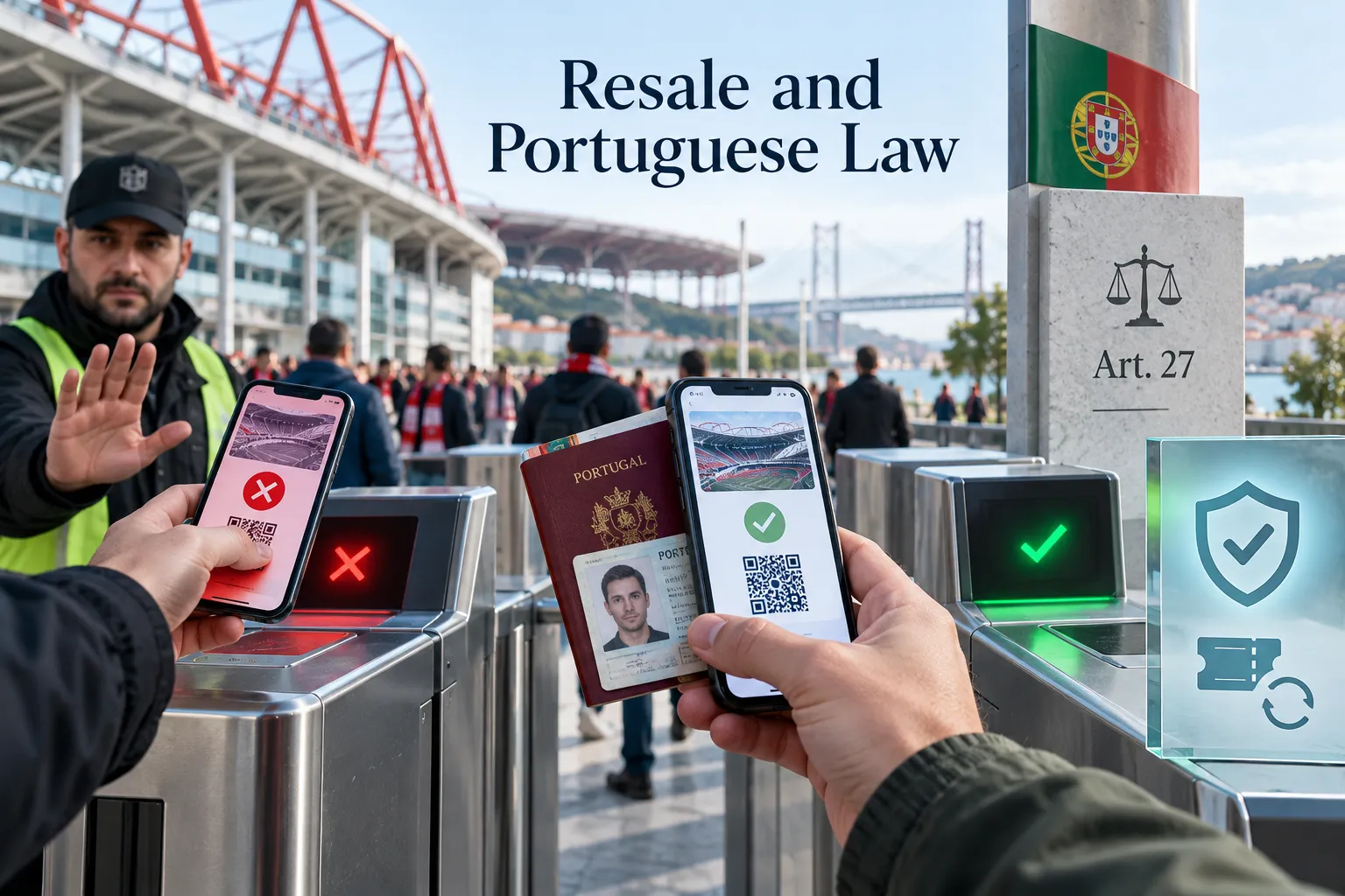 يدين holding smartphones عند بوابات الاستاد توضح فحص تذكرة رقمية فاشلة مقابل فحص تذكرة مباراة معتمدة برفقة الهوية.