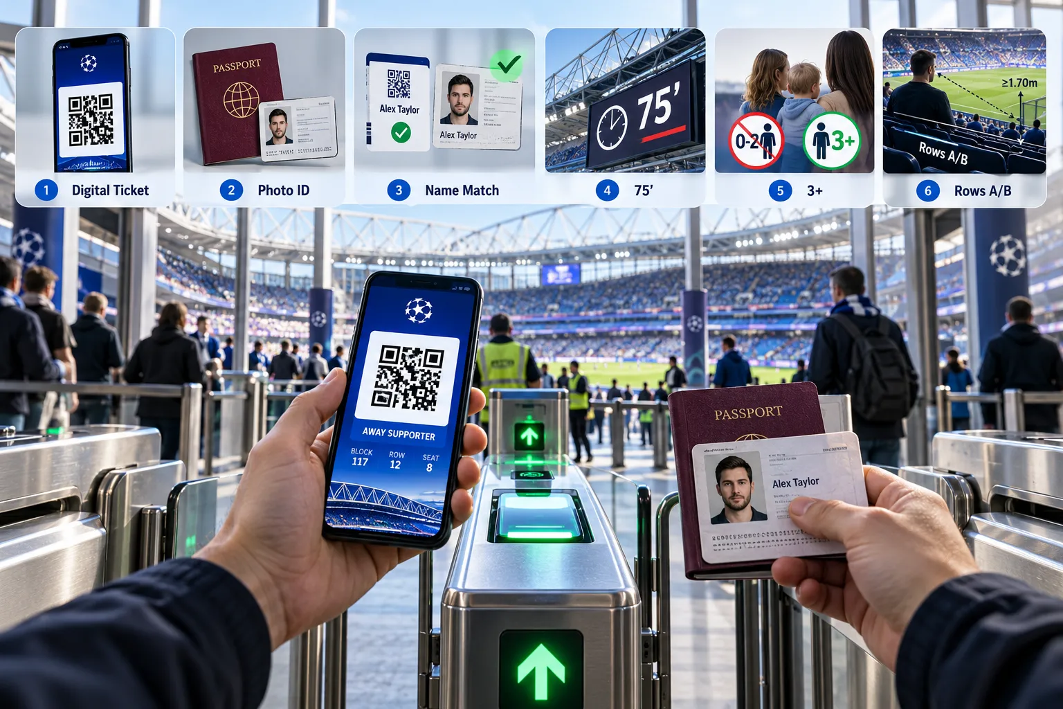 دليل مدخل من 6 خطوات يوضح التذاكر الرقمية، بطاقة الهوية، مطابقة الاسم، متطلبات التوقيت، قيود العمر، وقواعد المقاعد عند بوابات الاستاد.