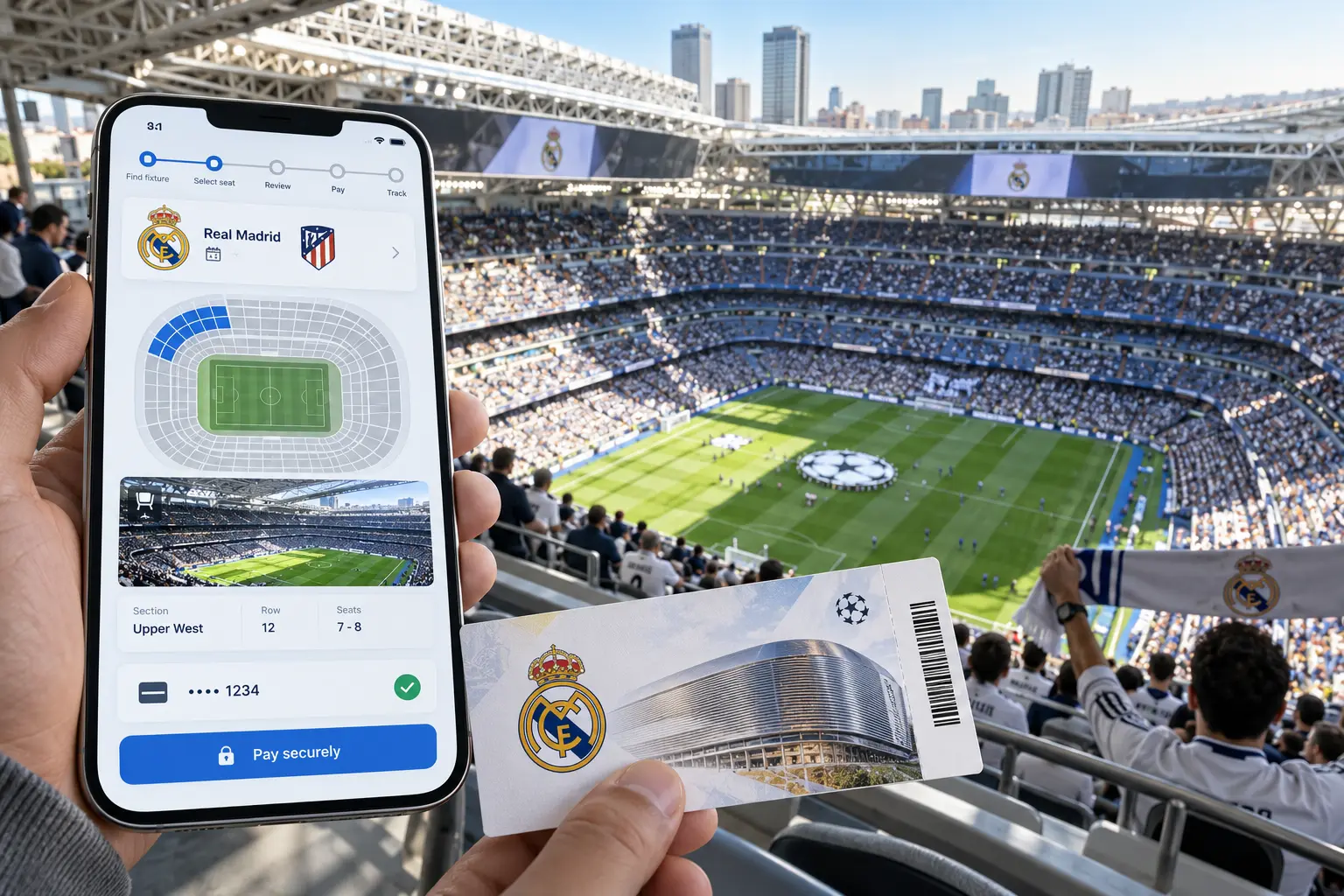 هاتف ذكي يعرض شاشة شراء تذكرة مباراة لريال مدريد ضد أتلتيكو مدريد، ممسوك بجوار تذكرة دخول فعلية لملعب ريال مدريد داخل ملعب كامل.