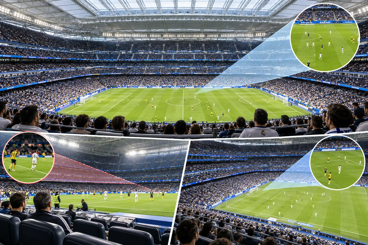 صورة مركبة تتكون من ثلاثة أجزاء توضح خطوط العرض من مستوى المدرج الأول، بما في ذلك منطقة مظللة باللون الأحمر تبرز عرضًا معاقًا بسبب حاجز زجاجي في الصف الأمامي.