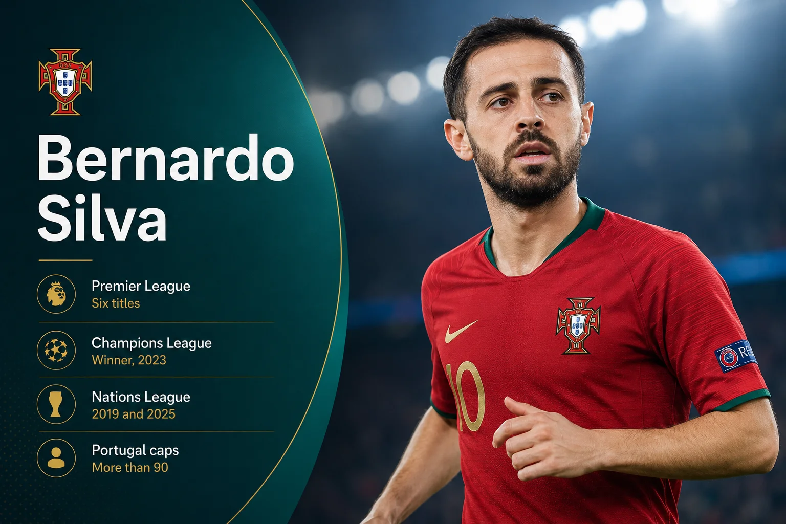 A sports graphic titled "Bernardo Silva" showcases the Portuguese midfielder in his national team kit, running on the pitch with a concentrated expression. The card features a deep red and green aesthetic with a stylized "P" emblem in the top right. Below his name, three key career achievement stats are prominently displayed: "93 Caps" for his international appearances, "13 Goals" scored for his country, and "1x Nations League" highlighting his 2019 tournament victory with Portugal.