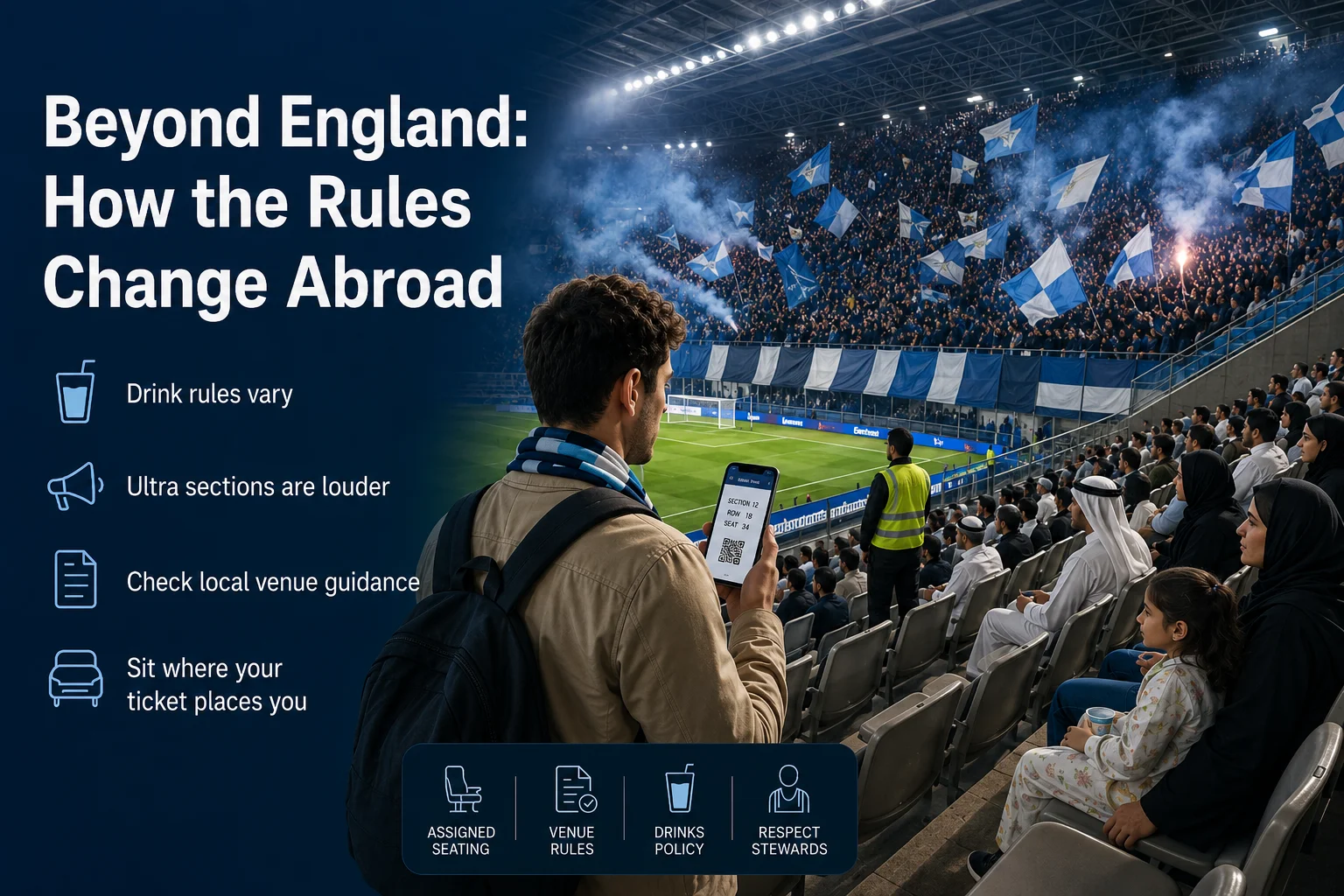An international travel infographic titled "Beyond England: how rules change" contrasts the stadium fan cultures of different countries against the backdrop of a stadium stadium interior. Three country panels detail unique matchday regulations. The "Germany" section notes that safe standing terraces are fully integrated into regular league matches and fans can legally drink beer in view of the pitch. The "Spain" section highlights that stadiums generally maintain a more family-friendly, theatrical atmosphere, though smoking bans are increasingly common across La Liga venues. The "South America" section describes an intensely passionate environment where massive club flags, banners, and orchestrated musical brass bands are a central, legal part of the spectacle.