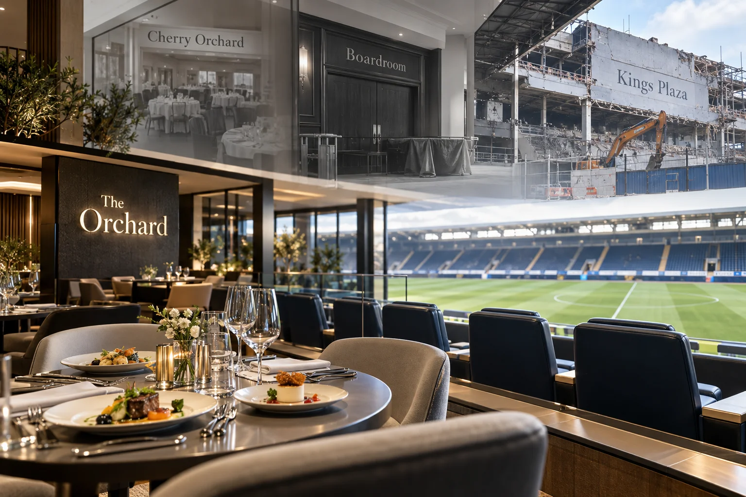Fine dining table set in The Orchard suite at Vitality Stadium, with upper insets showing Cherry Orchard, Boardroom, and Kings Plaza developments.
