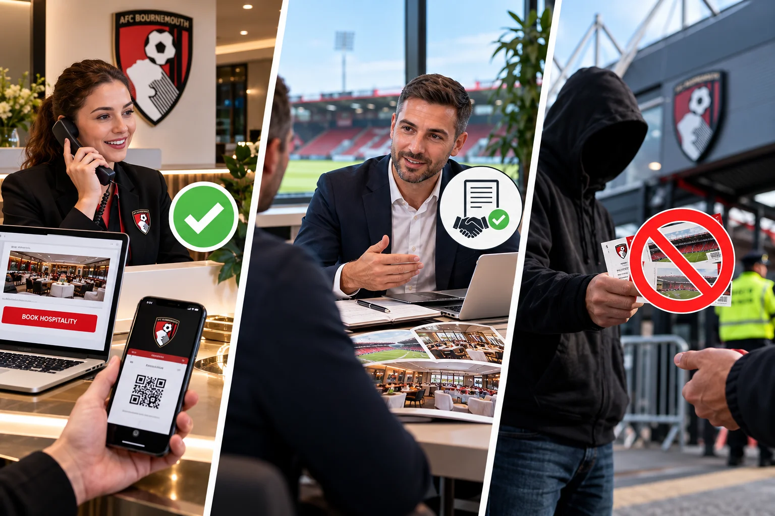 Three-panel graphic showing official booking channels via phone/app and official partner meetings, contrasted with an unauthorized ticket scalper marked with a red prohibition sign.
