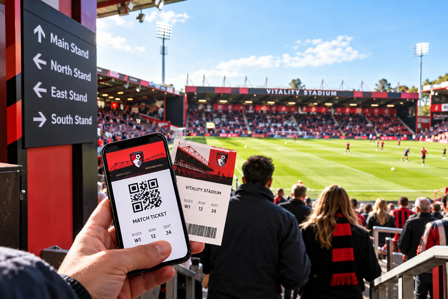 A fan holding a digital ticket on a smartphone alongside a paper match ticket in front of stand direction signage at Vitality Stadium.