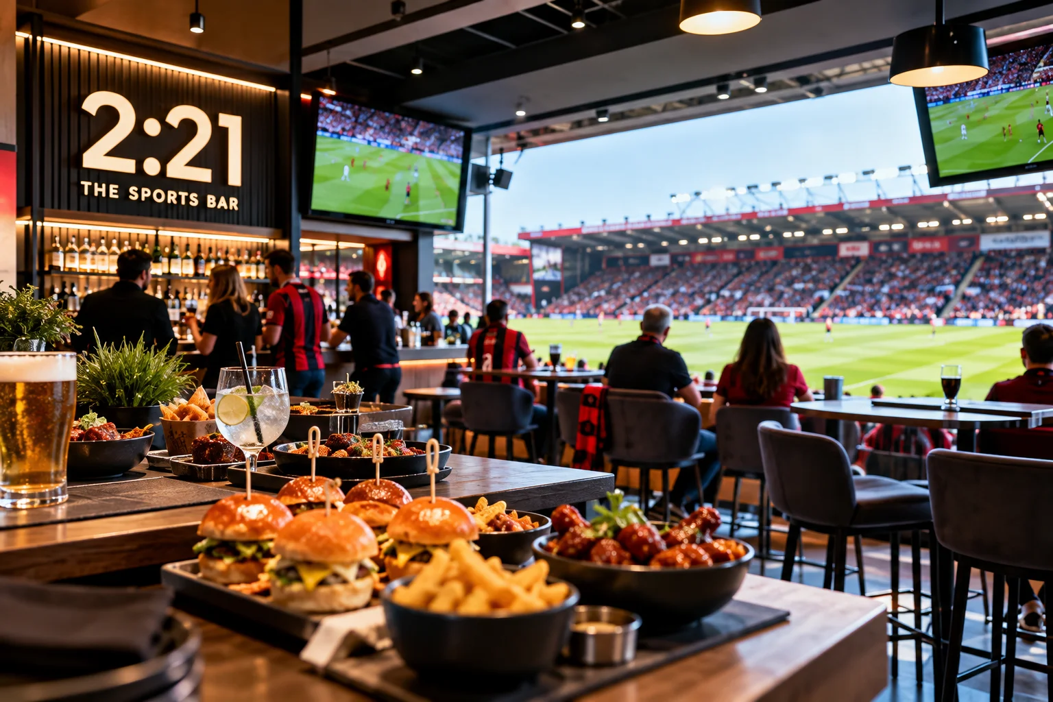 Food spread including sliders, fries, and wings at 2:21 The Sports Bar lounge, overlooking the football pitch with match broadcasts on wall screens.