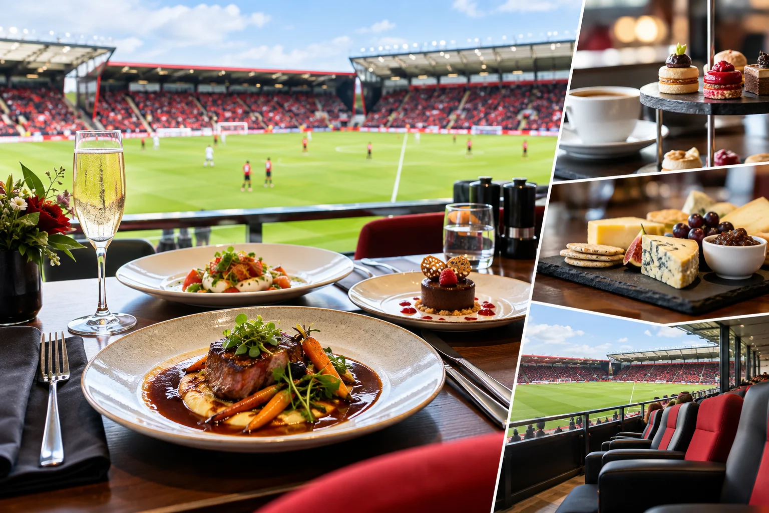 Multi-panel showcase of stadium hospitality experiences featuring gourmet steak dining, executive padded seats, high tea, and a cheese board spread.