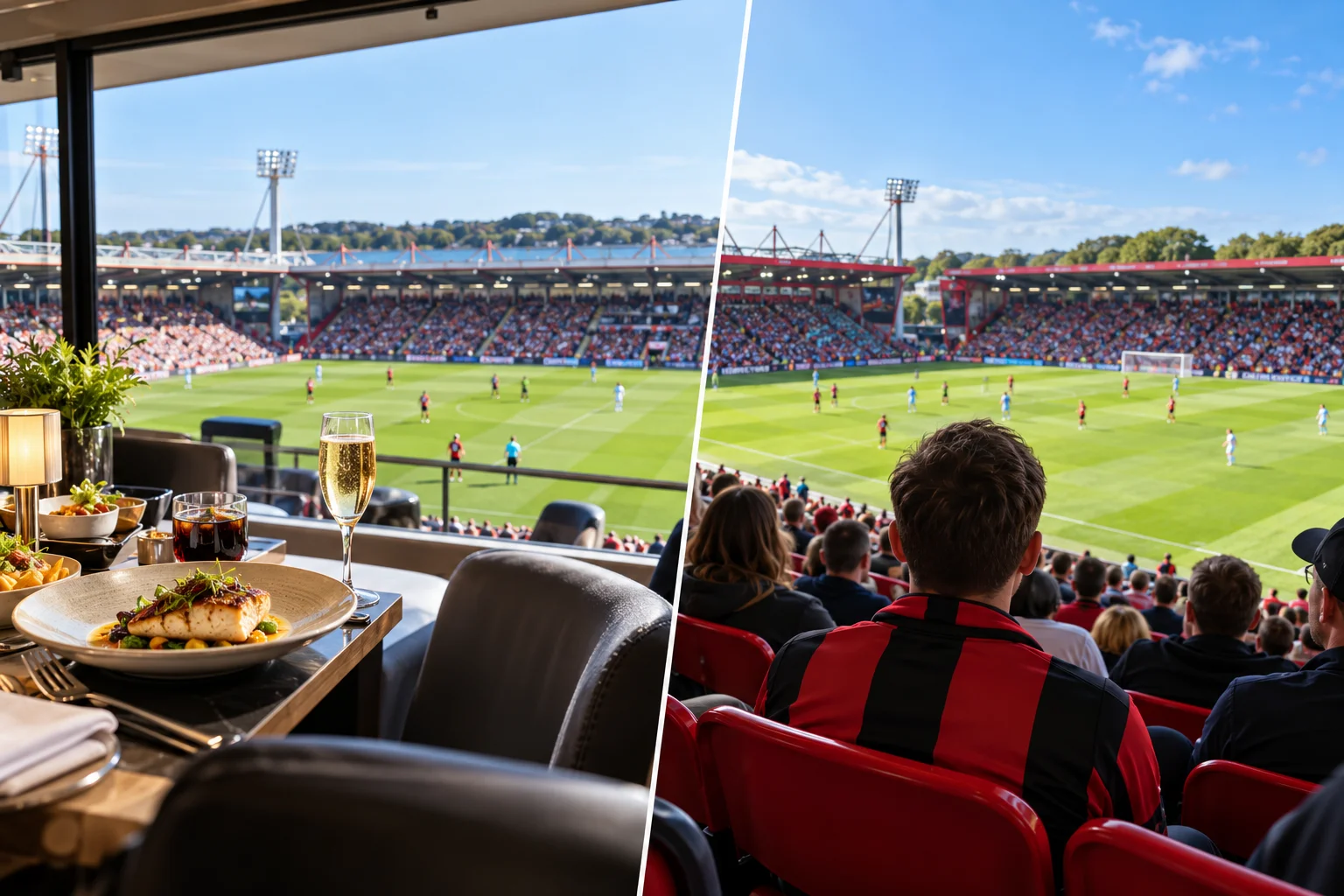 Split photo comparing a high-end indoor hospitality dining experience with glass views to regular red stadium seats overlooking the pitch.