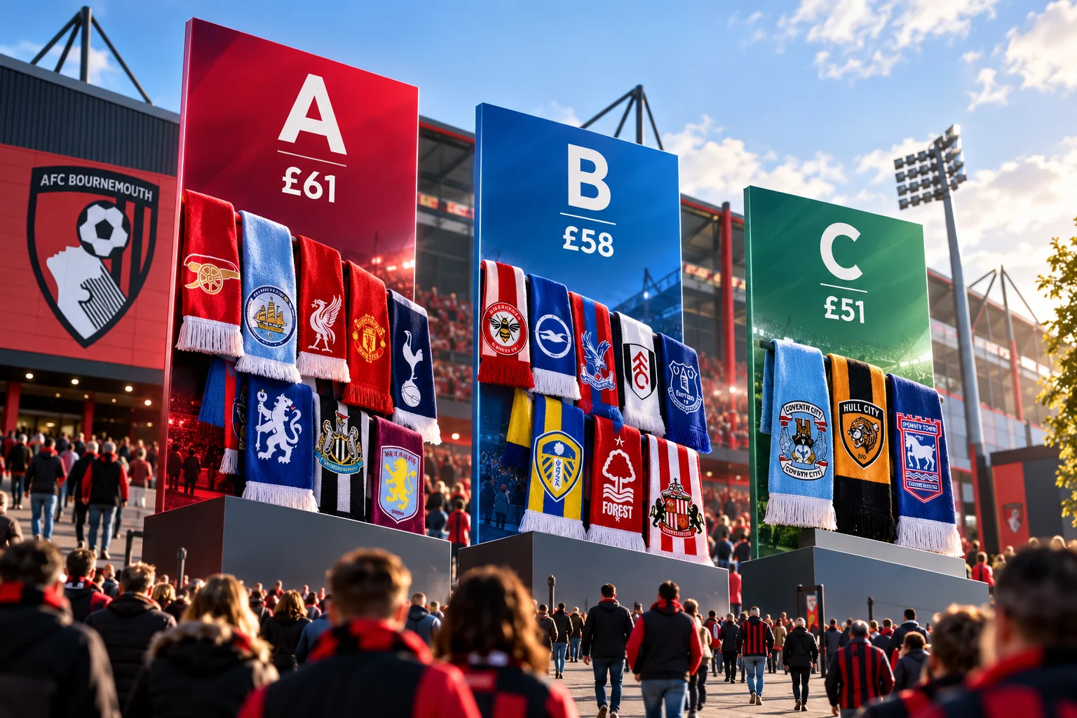 Displays outside AFC Bournemouth stadium showing match categories A, B, and C with ticket prices £61, £58, and £51 alongside opponent scarves.