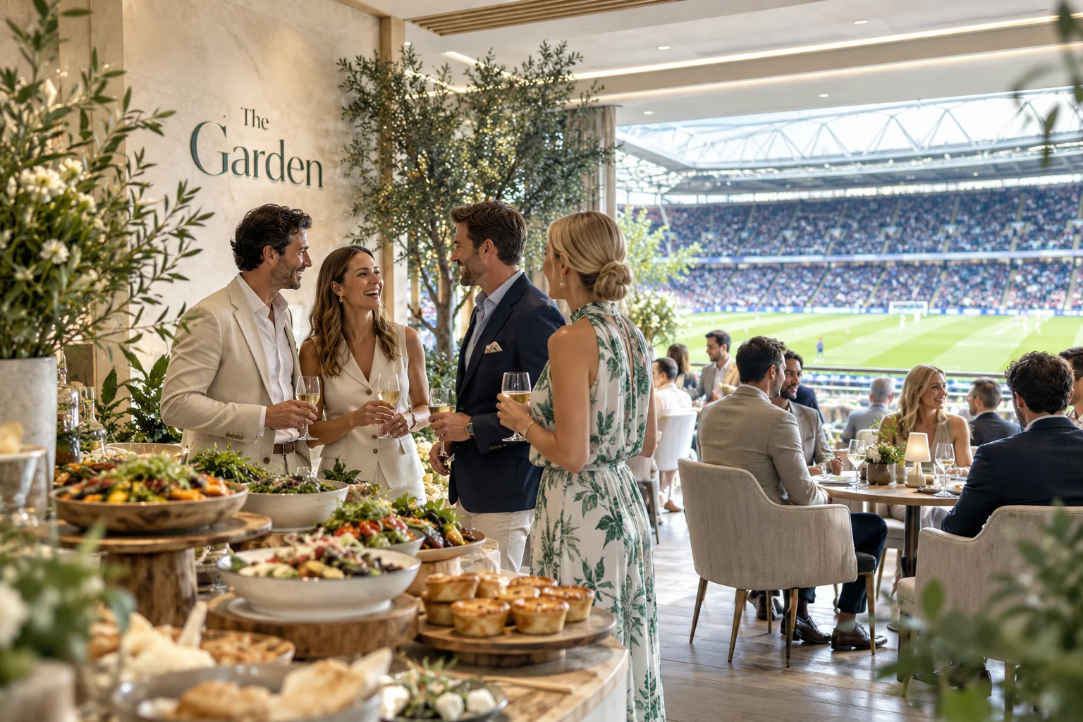 Guests enjoying champagne and a gourmet buffet in The Garden hospitality suite with floor-to-ceiling windows overlooking a crowded football stadium.