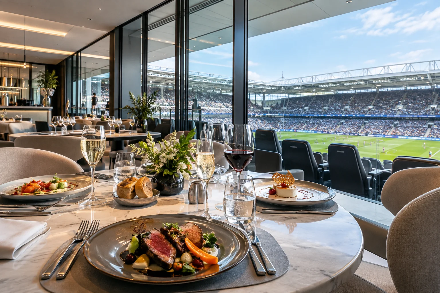 A table laid with fine dining food and wine glasses next to floor-to-ceiling windows offering a direct view of a football match inside the stadium.