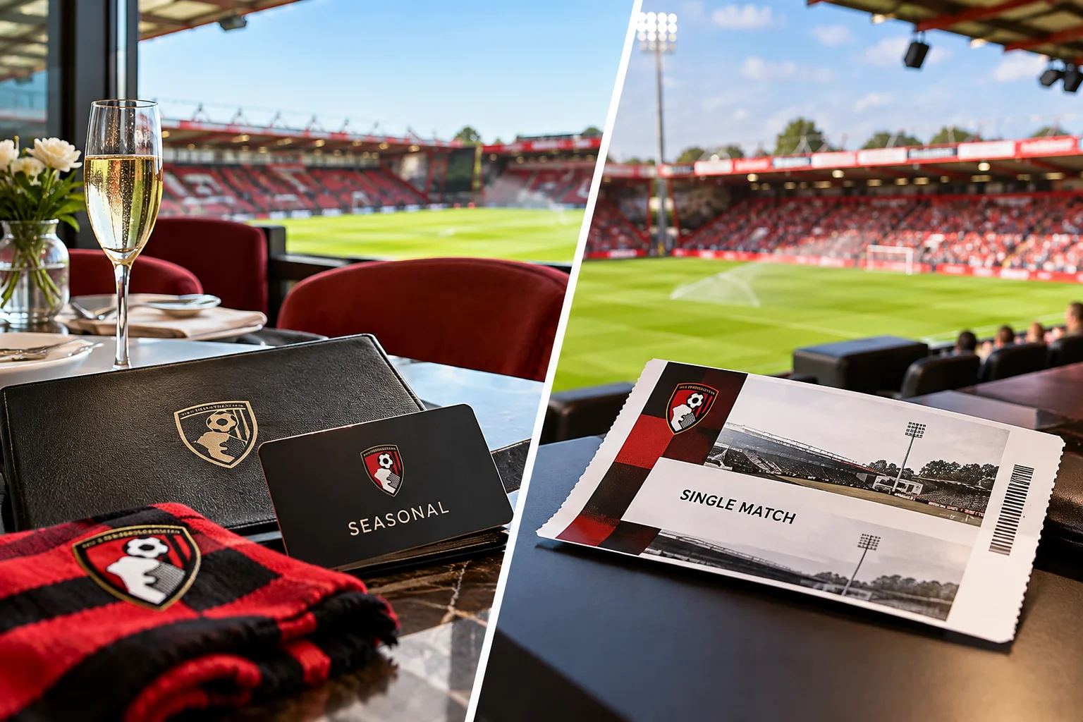 Split view showing a VIP hospitality dining table with a champagne glass and seasonal pass beside a single match ticket overlooking the football pitch.