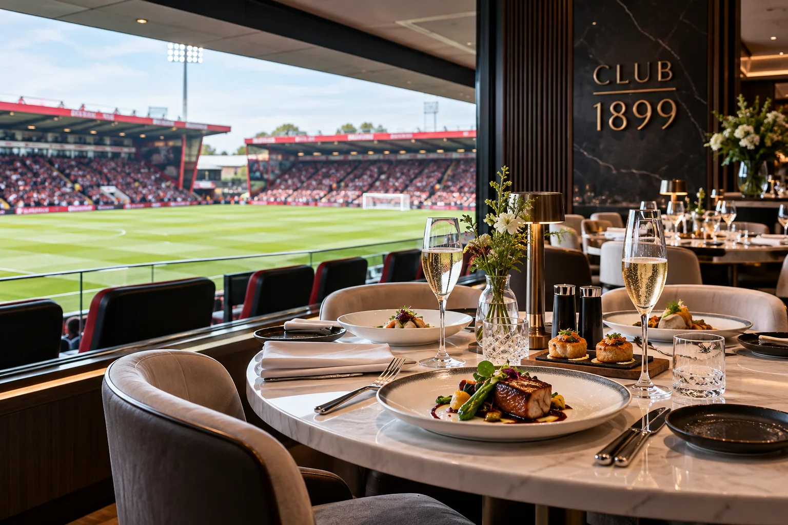 Upscale dining setup at Club 1899 featuring plated cuisine and champagne, directly adjacent to padded executive balcony seating overlooking the pitch.