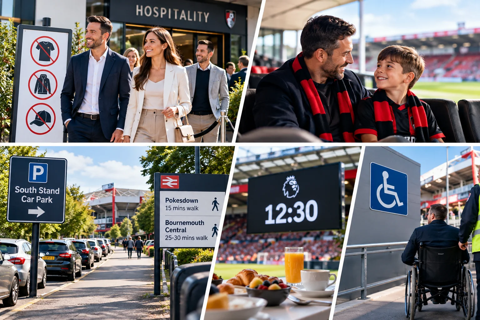 Grid collage showing hospitality dress code guidelines, executive family seating, South Stand parking signs, breakfast service, and accessible entrances.