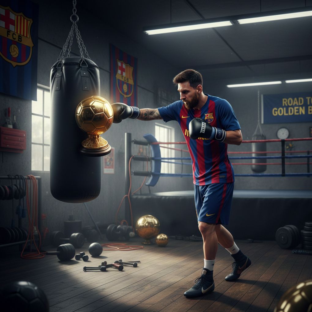 Lionel Messi in a Barca kit boxing a heavy bag that has a Ballon d'Or trophy attached to it.