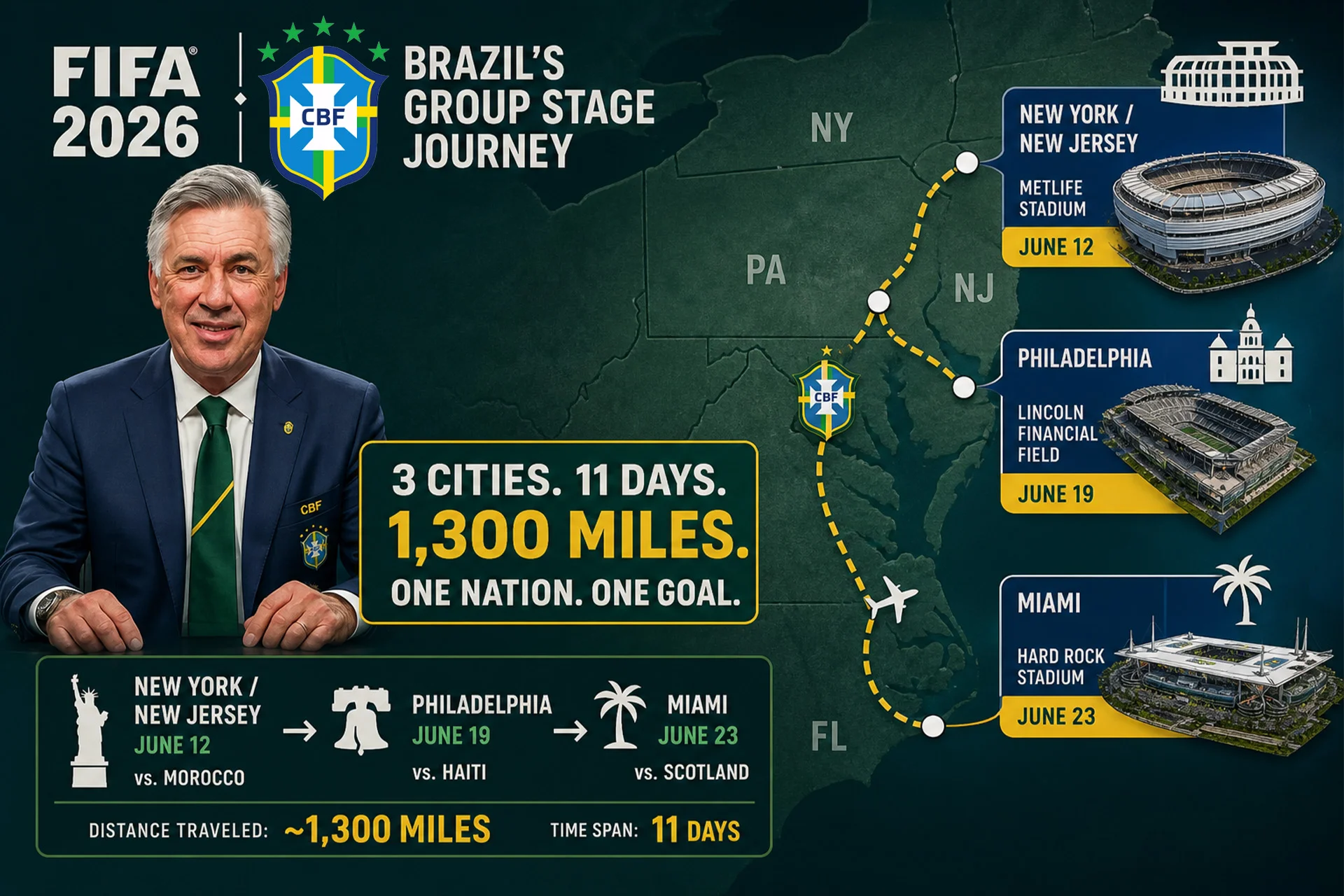An informational schedule infographic titled "BRAZIL'S GROUP STAGE JOURNEY" for FIFA 2026, set against a dark green map background showing the US East Coast. On the left, a portrait shows manager Carlo Ancelotti wearing a navy blazer and green tie next to the CBF Brazil national team crest. The center features a bold yellow box reading "3 CITIES. 11 DAYS. 1,300 MILES. ONE NATION. ONE GOAL." The right column outlines the itinerary with structural stadium renders: June 12 at MetLife Stadium in New York/New Jersey (vs. Morocco), June 19 at Lincoln Financial Field in Philadelphia (vs. Haiti), and June 23 at Hard Rock Stadium in Miami (vs. Scotland).
