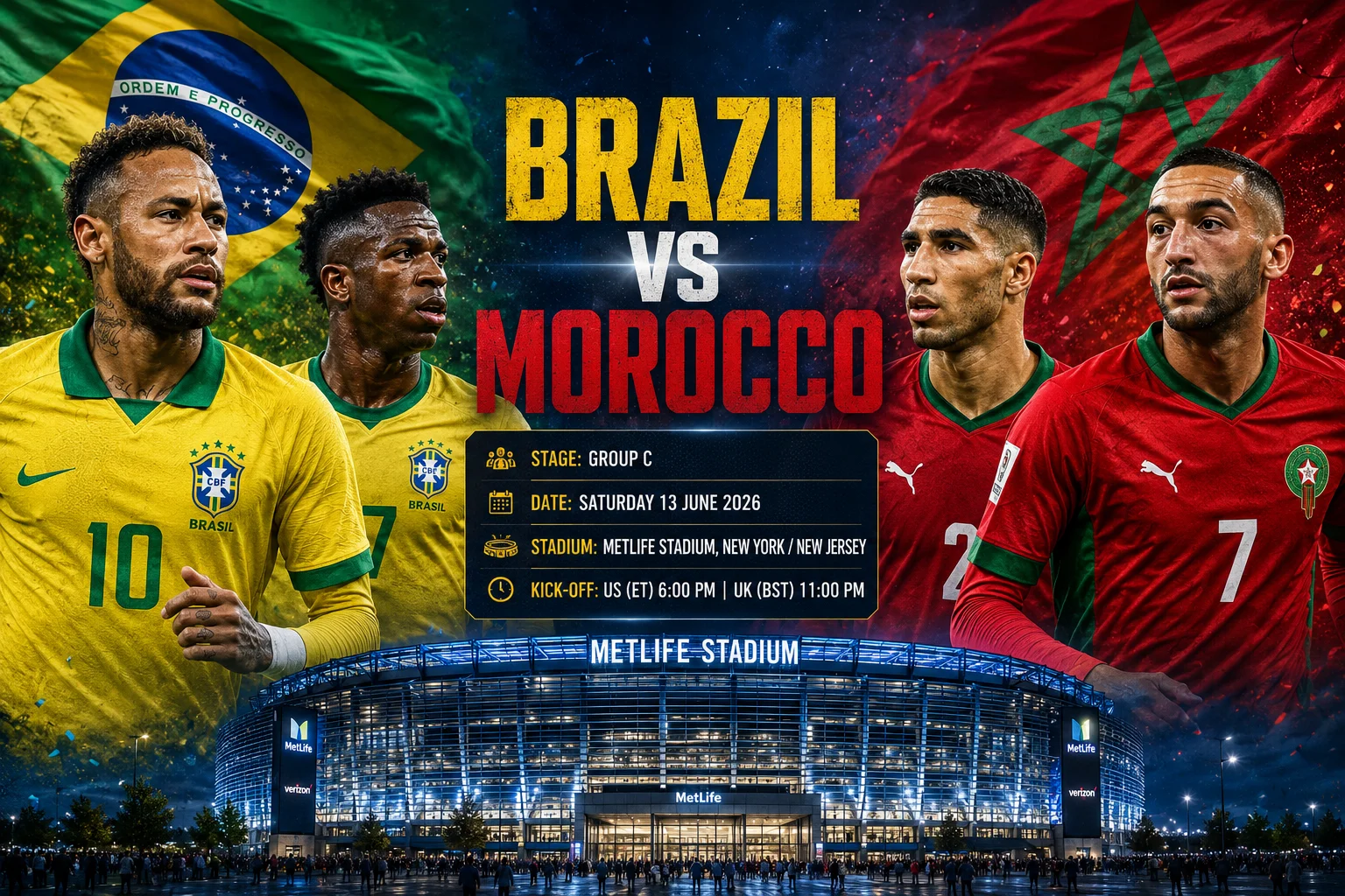 شاشة ترويجية لمباراة كأس العالم 2026 لمرحلة المجموعات تُظهر "البرازيل ضد المغرب." الجانب الأيسر يظهر لاعبًا برازيليًا يحتفل بقميصه الأصفر والأخضر الشهير، مدعومًا بتصميم أخضر مع شعار الاتحاد البرازيلي لكرة القدم. الجانب الأيمن يظهر لاعبًا مغربيًا يرتدي ملابس حمراء وخضراء مقابل خلفية حمراء داكنة بجانب شعار الاتحاد المغربي لكرة القدم. كأس العالم الذهبية المتلألئة تحضر مباشرة بين اللاعبين فوق تفاصيل المباراة: "12 يونيو | استاد ميتلايف، نيويورك/نيوجيرسي."