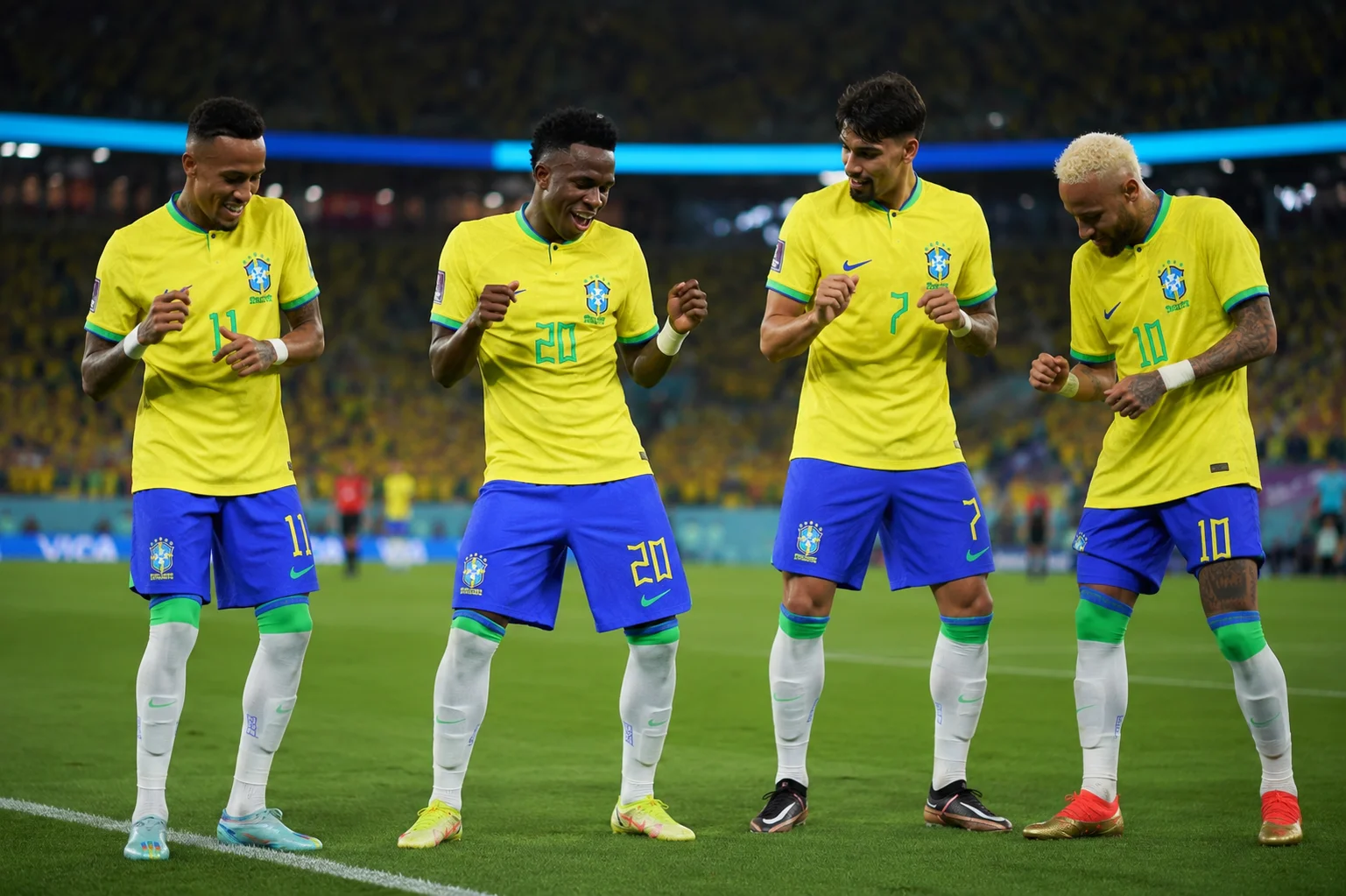 Four Brazilian national soccer players—including Vinícius Júnior, Lucas Paquetá, and Neymar—stand side-by-side on a green pitch wearing their yellow jerseys and blue shorts as they perform a synchronized dance celebration. They are laughing and smiling, with their knees slightly bent and fists clenched near their chests, showcasing a shared moment of joy and team chemistry in front of a stadium filled with fans.