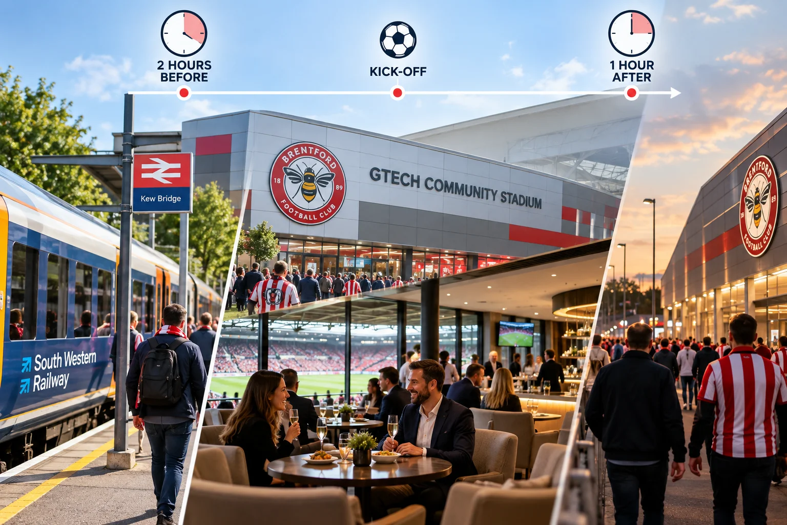 Three-part timeline showing matchday flow: arriving at Kew Bridge station two hours before, dining inside the VIP hospitality suite at kickoff, and fans walking outside Gtech Community Stadium one hour after the match.