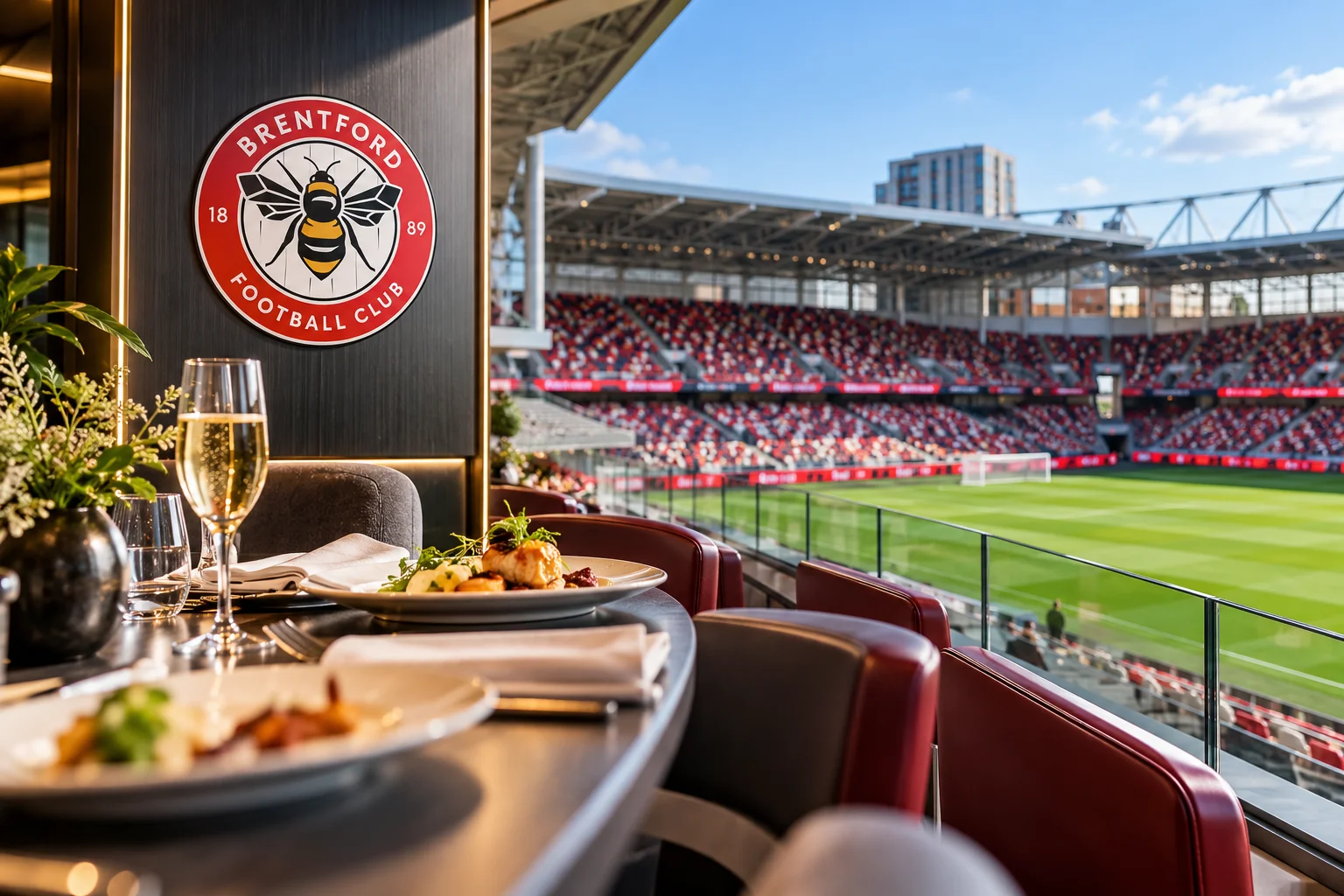 Fine dining table set with champagne and plated meal inside a VIP hospitality suite overlooking the pitch at Brentford Football Club's stadium.