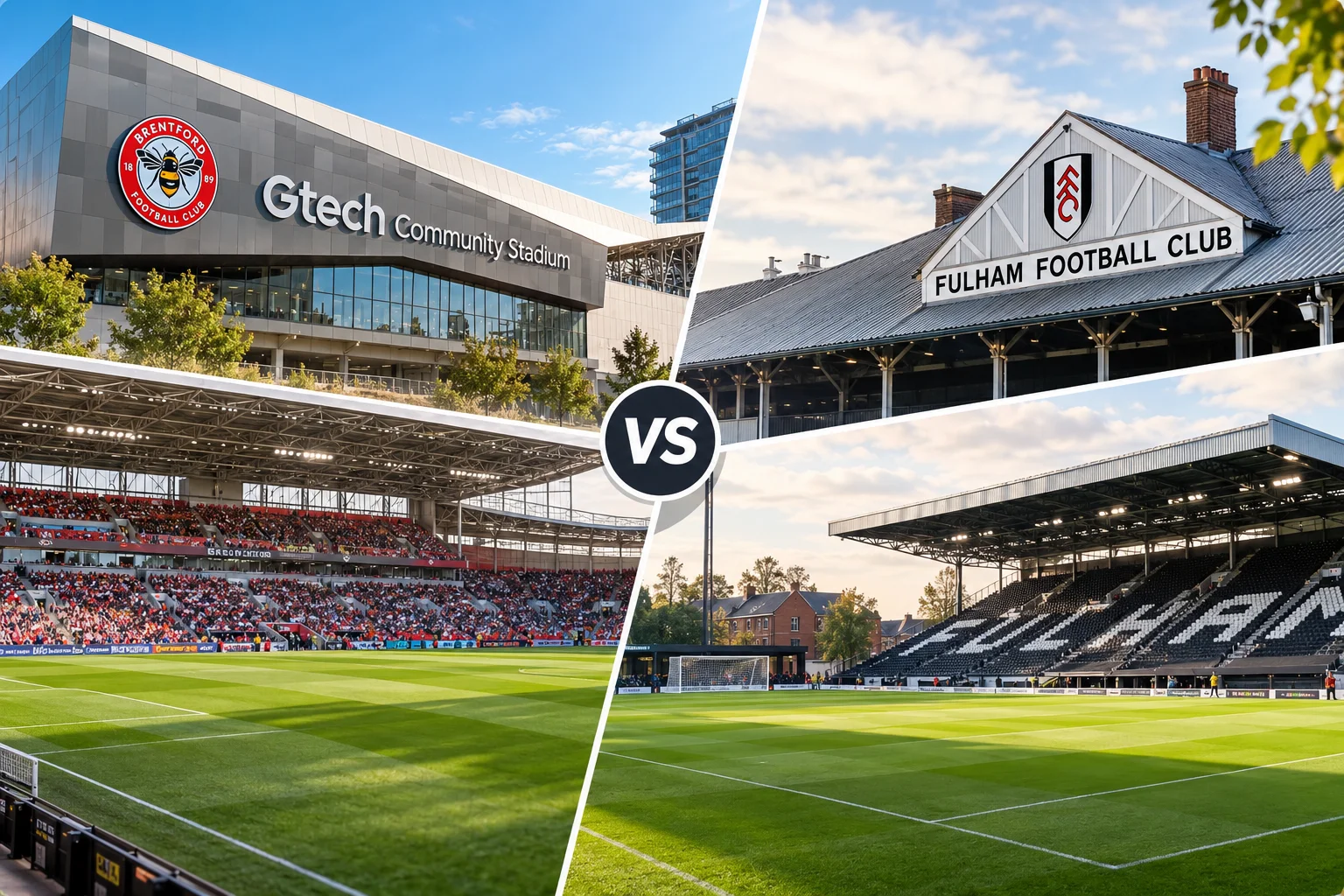 Split visual comparison between Brentford's Gtech Community Stadium on the left and Fulham's Craven Cottage stadium on the right with a central VS emblem.