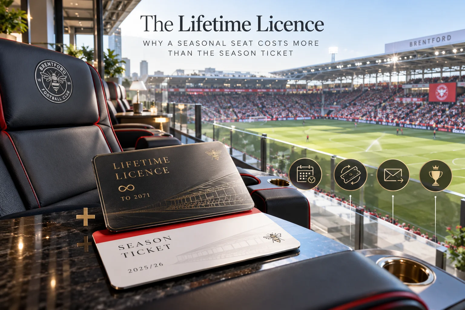 Premium leather stadium box seating overlooking the pitch, featuring a black Lifetime Licence card valid to 2071 alongside a 2025/26 Season Ticket.