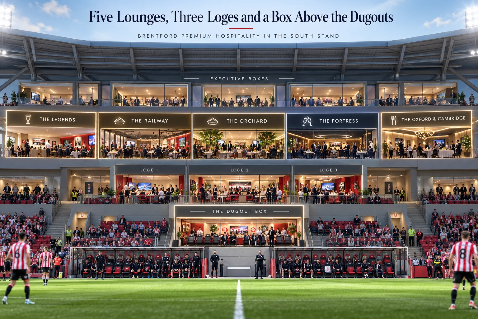 Detailed architectural cutaway diagram of the Gtech Community Stadium South Stand showing Executive Boxes, five lounges including The Legends and The Fortress, Loges, and The Dugout Box above the players' bench.