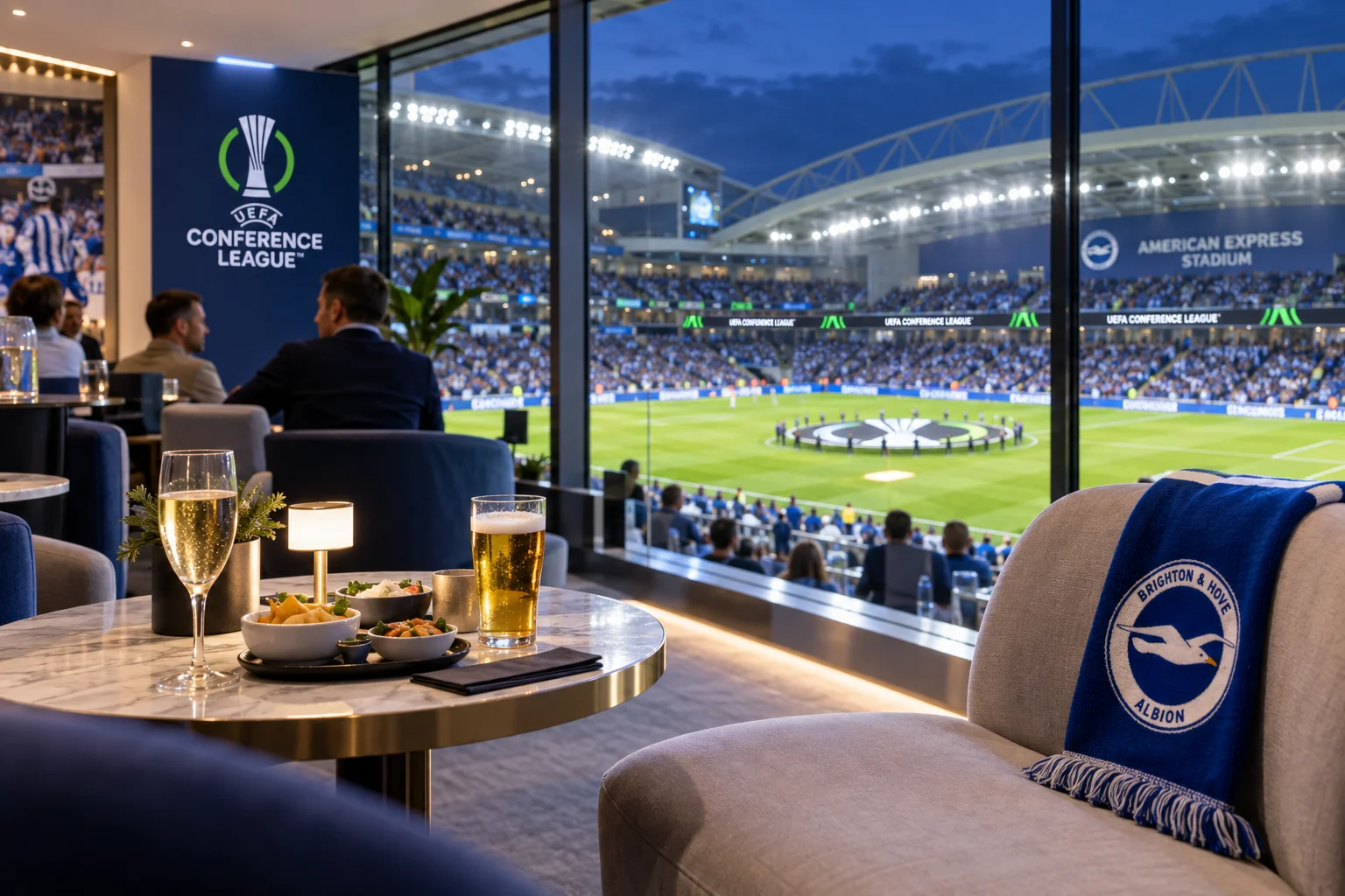 A stadium executive suite during a evening UEFA Conference League match, featuring a table with beer, champagne, and snacks next to large glass windows overlooking the brightly lit pitch.