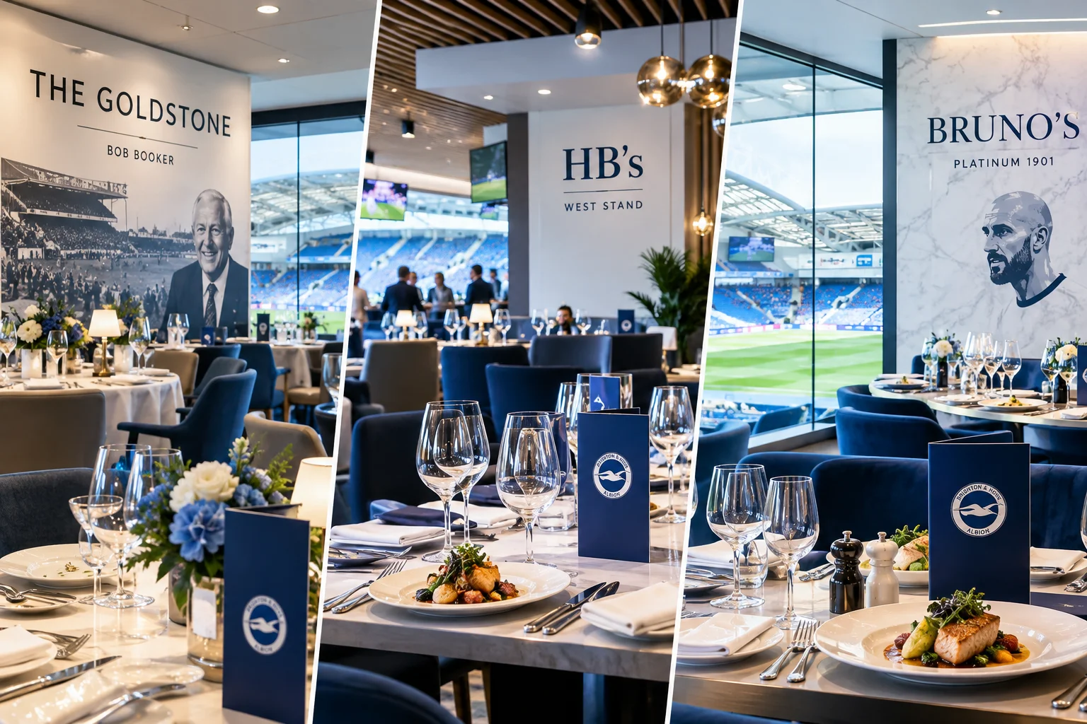A three-panel photo highlighting dining rooms in stadium hospitality lounges—"The Goldstone," "HB's West Stand," and "Bruno's Platinum 1901"—each featuring set tables, fine dining plates, and views of the pitch.