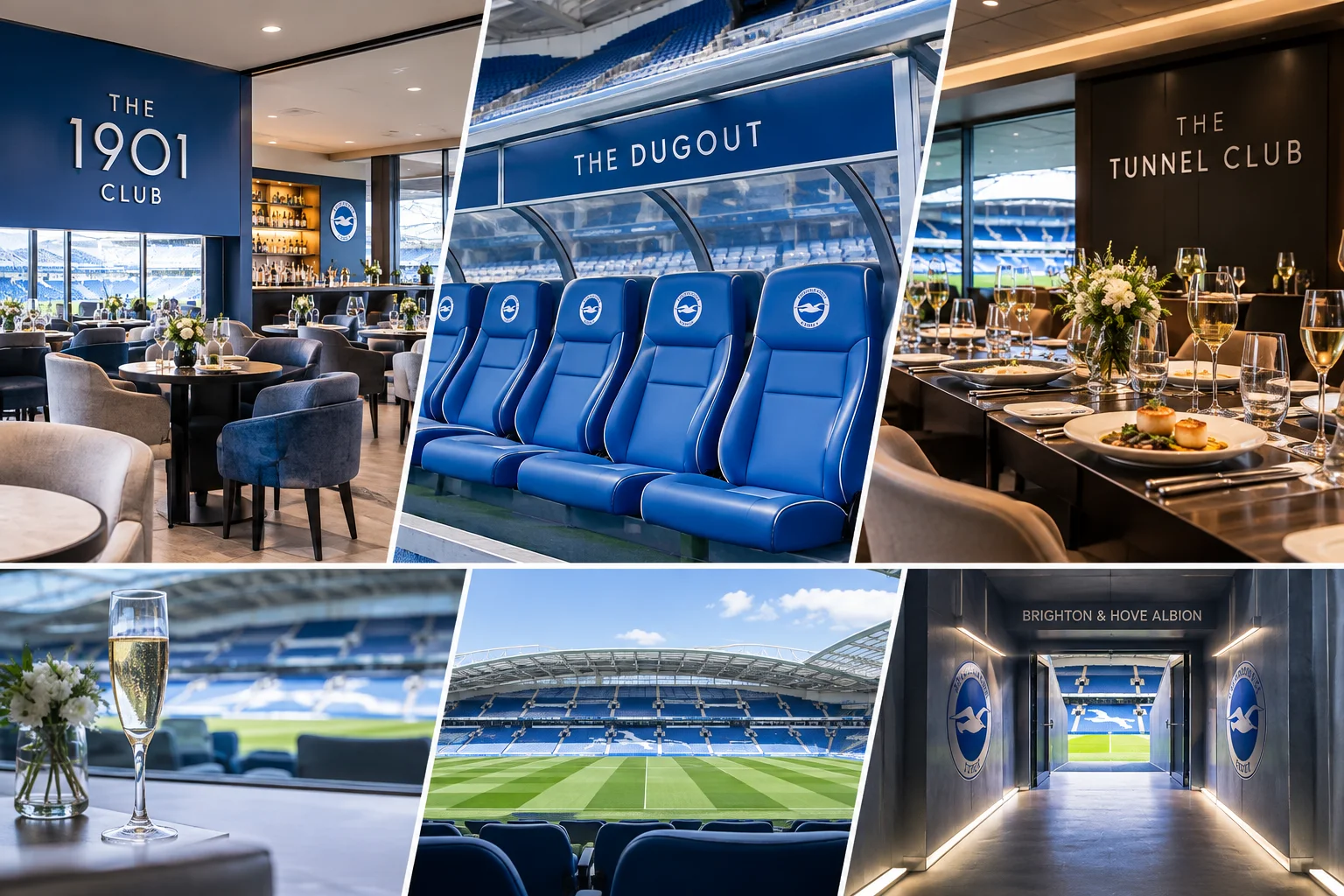 A collage showing Brighton & Hove Albion matchday hospitality venues, featuring the 1901 Club dining area, the stadium dugout with team-branded seating, The Tunnel Club lounge, fine dining, pitch views, and the stadium tunnel entry.
