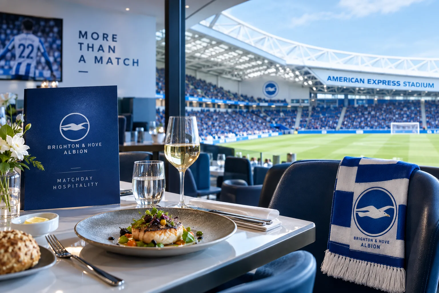 A close-up of a matchday hospitality table set with a plated fish dish, white wine glass, official Brighton & Hove Albion menu brochure, and a branded fan scarf draped over a chair, with the stadium field in the background.