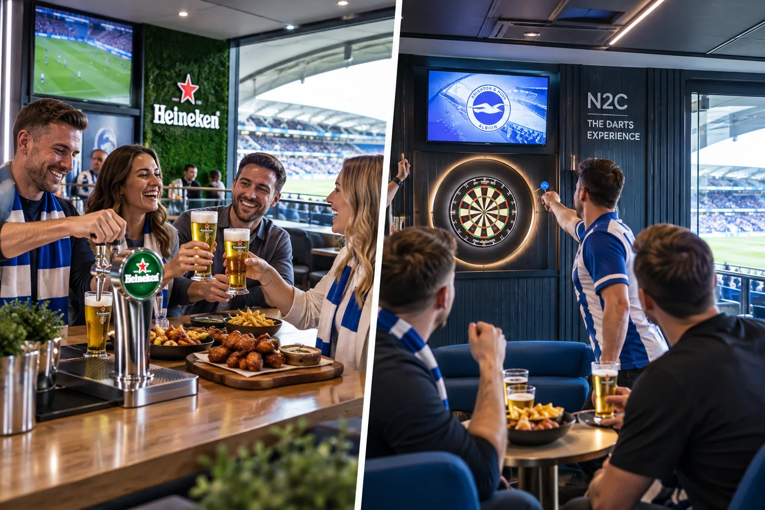 A two-panel image showing hospitality guests enjoying food and draft Heineken beer at a bar, alongside an interactive digital darts game area branded "N2C The Darts Experience."