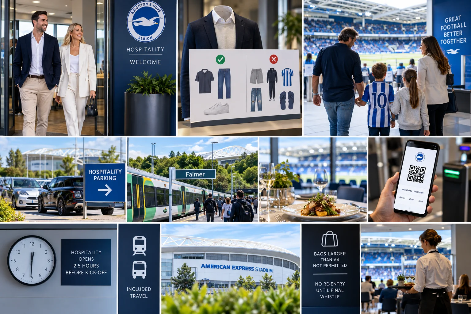 A multi-panel grid illustrating Brighton & Hove Albion hospitality guidelines, including dress codes, travel options to American Express Stadium, digital matchday passes, dining, and policies such as bag size restrictions and stadium entry times.