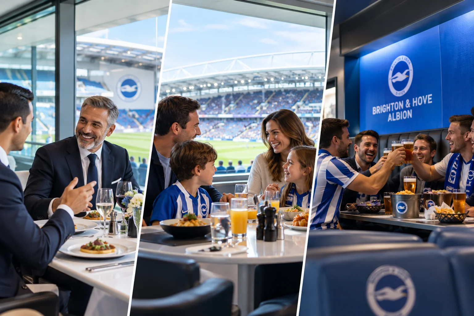 A three-panel composite image showing different hospitality lounge guest experiences: corporate business guests dining, a family enjoying lunch together, and a group of fans wearing team scarves cheering with beers.