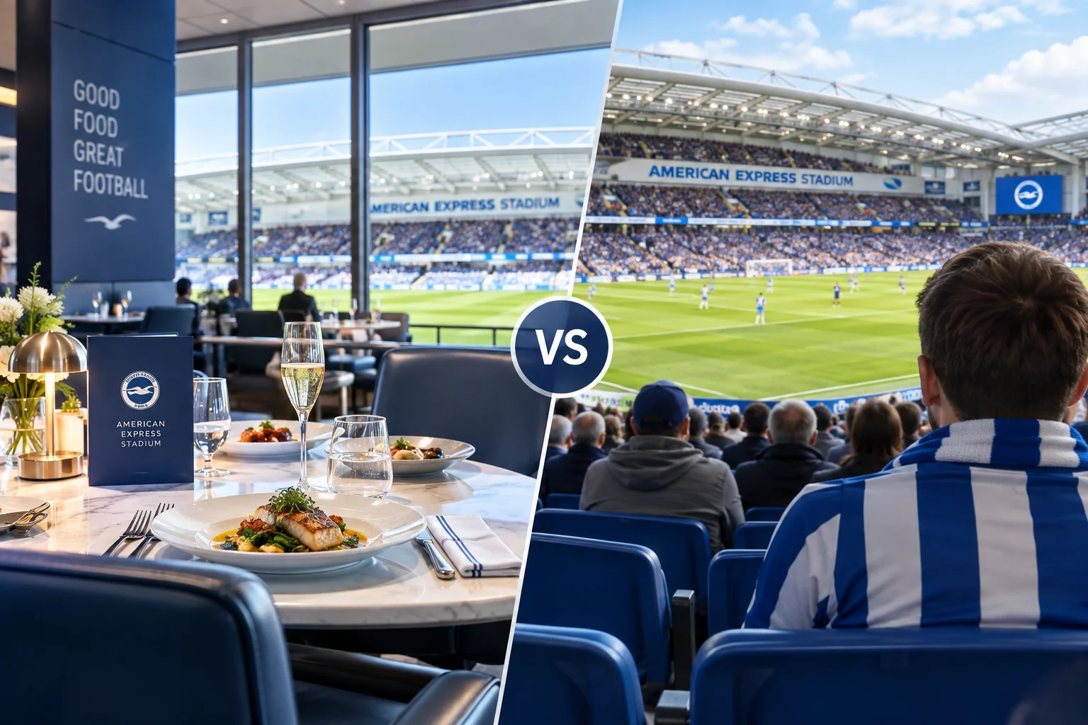 A split graphic contrasting a luxury matchday hospitality dining table featuring a gourmet meal and champagne on the left with a fan's view from stadium seats during a live football match on the right.