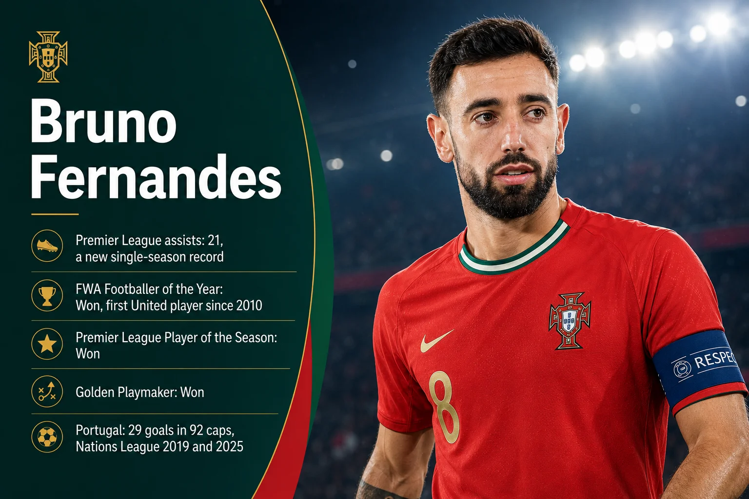 A modern sports profile card titled "Bruno Fernandes" displays the current Portuguese midfield talisman running on the pitch with a determined look in a modern red kit. The graphic features contemporary red and green styling with a crisp emblem in the top right. Below his name, his impactful career metrics are featured: "67 Caps" for his international matches, a prolific "22 Goals" scored from midfield, and "1x Nations League" celebrating his 2019 title win.