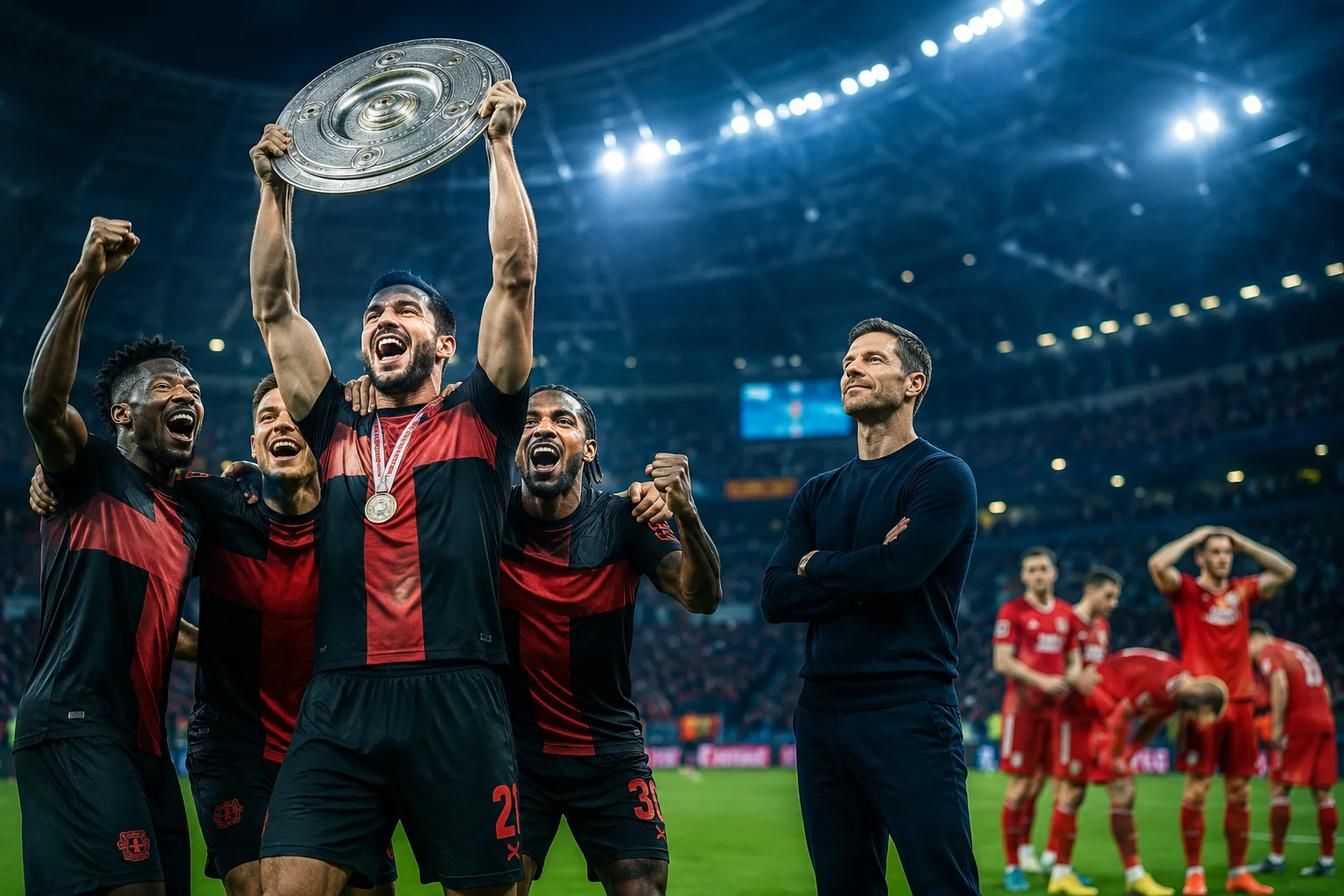 لاعبو باير ليفركوزن يحتفلون مع أذرع مرفوعة بينما يرفع قائدهم كأس ميسترسكاله، والمدرب تشابي ألونسو يتابعهم بفخر.