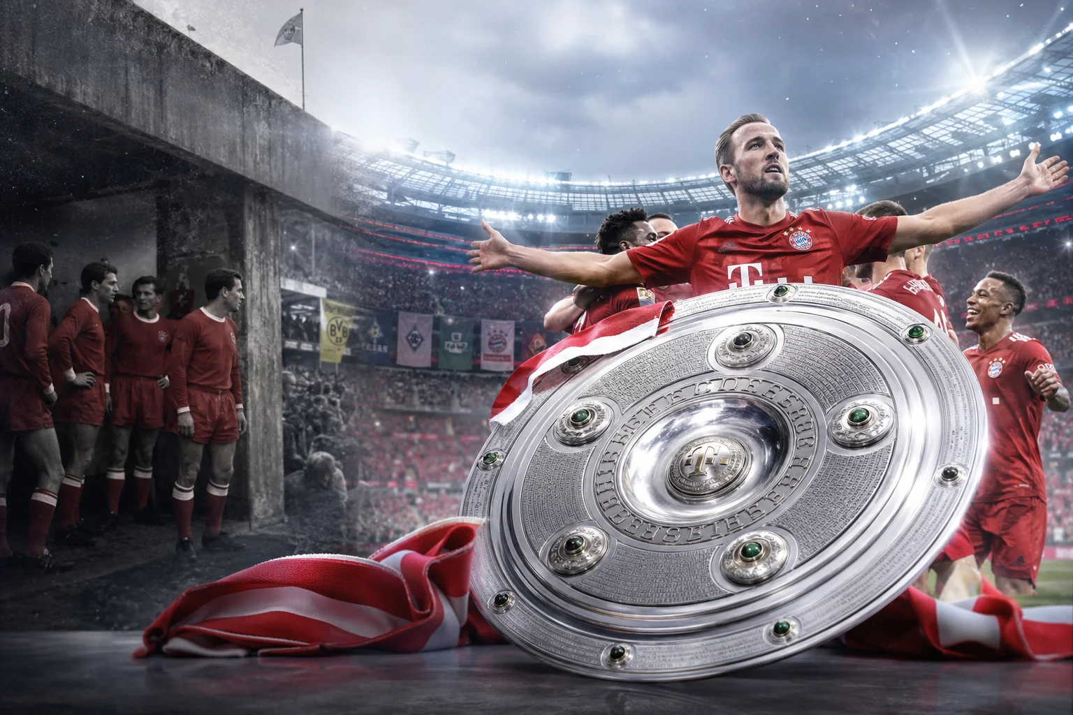 تركيب جرافيكي يتضمن هاري كين ولاعبي بايرن ميونيخ يحتفلون حول درع كأس البوندسليغا الكبير، وإلى جانبه صورة ملونة لأسلاف تاريخيين لبايرن وهم يغادرون نفقاً.