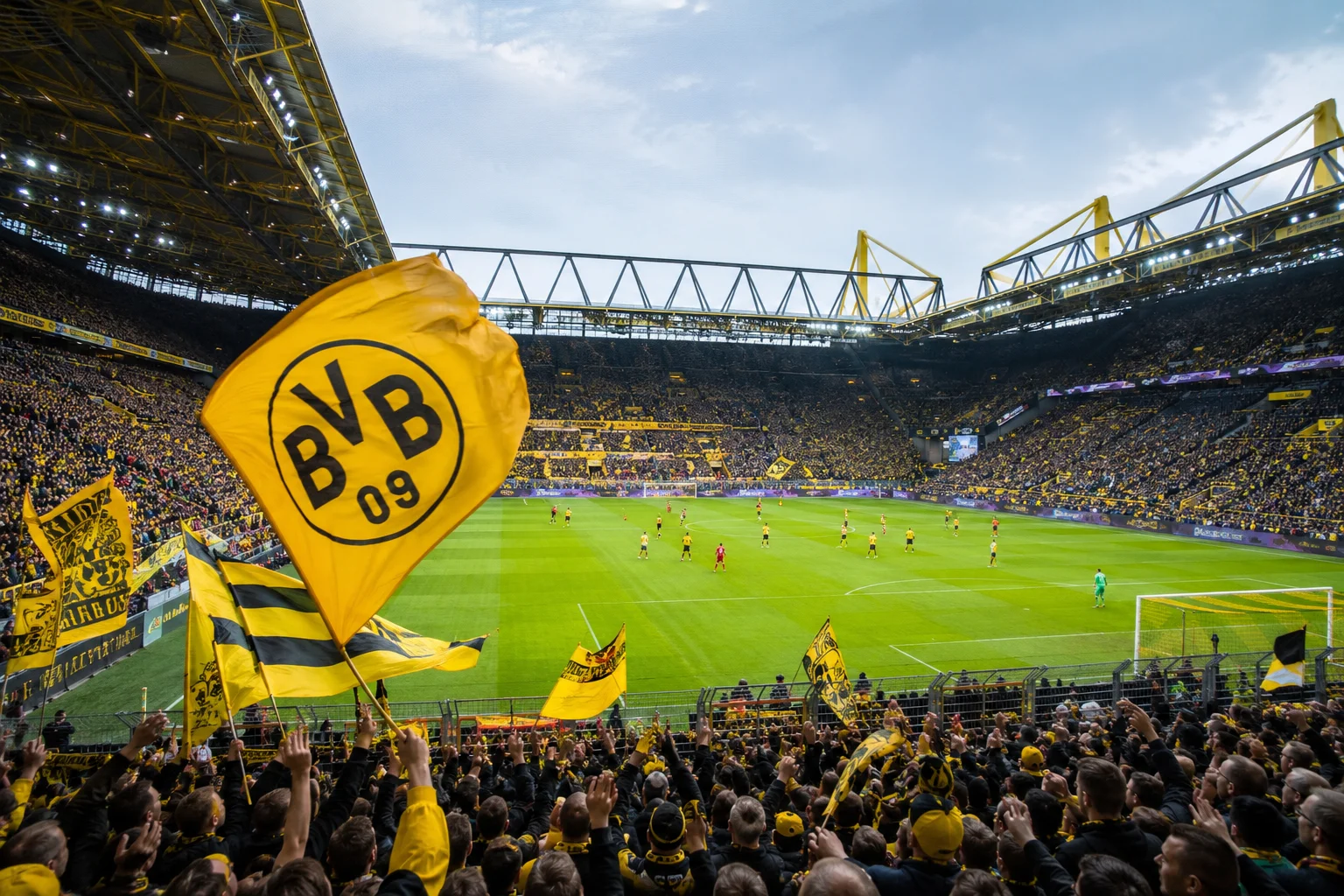 Captures the atmosphere inside Borussia Dortmund's Signal Iduna Park, with fans waving iconic yellow and black BVB 09 flags.