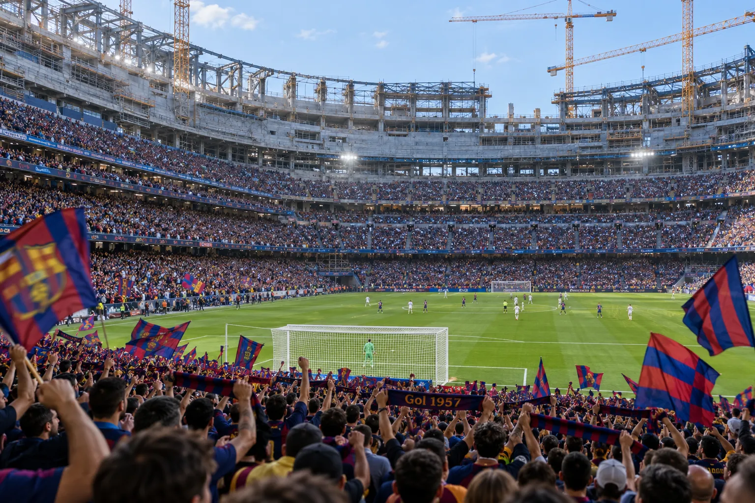 Crowded goal-end stand filled with fans waving FC Barcelona flags and holding up team scarves behind the net.