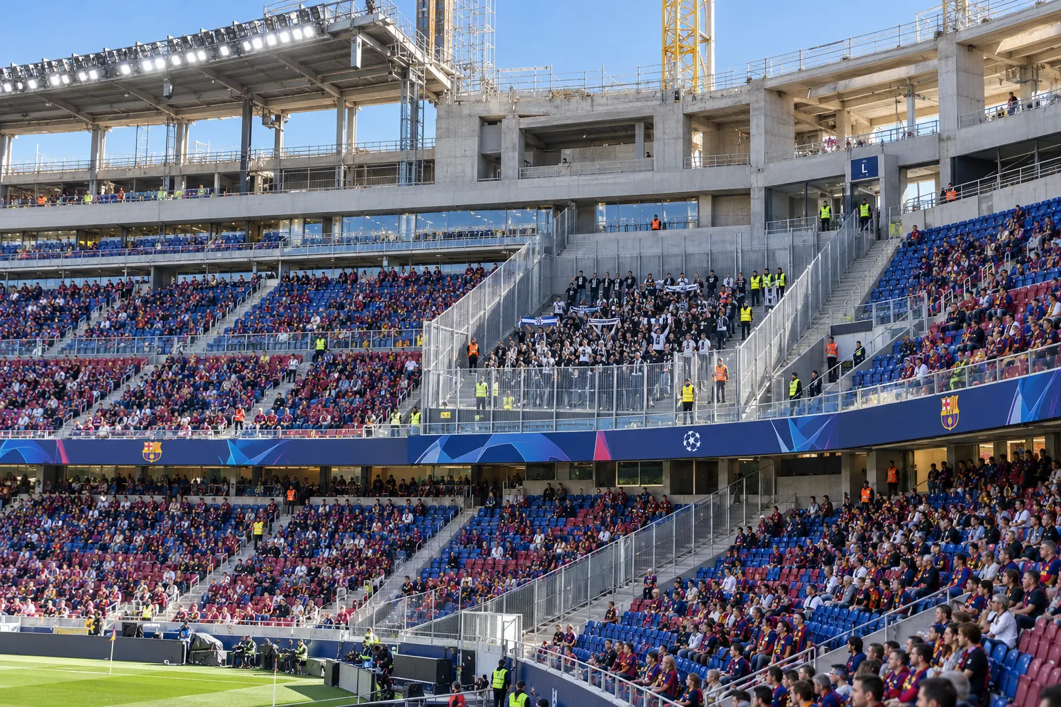 View of the upper-stand away fans section, enclosed behind safety netting and glass barriers within Spotify Camp Nou.