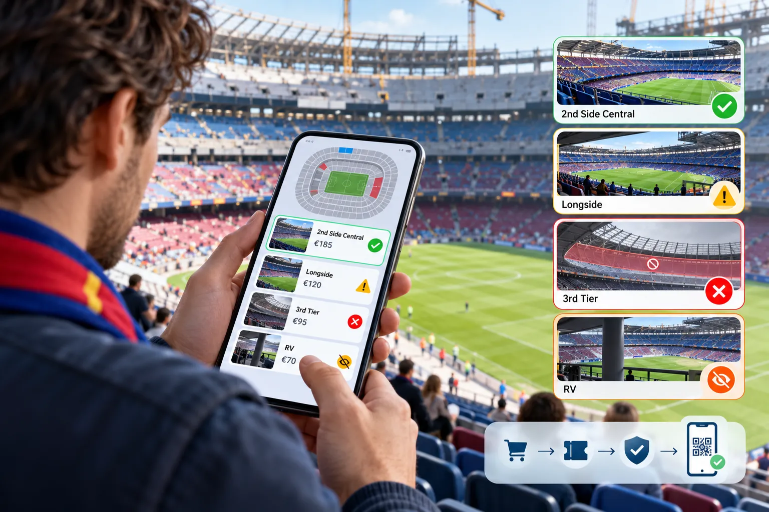 Smartphone interface showing seat selection options and price tiers, paired with visual warnings for restricted view and third-tier seats.