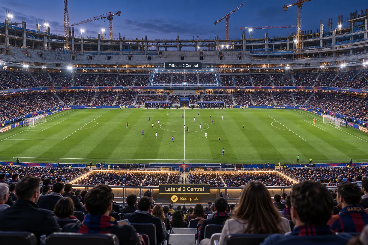Evening wide shot of Spotify Camp Nou highlighting optimal central seating zones, including Tribuna 2 Central and Lateral 2 Central.